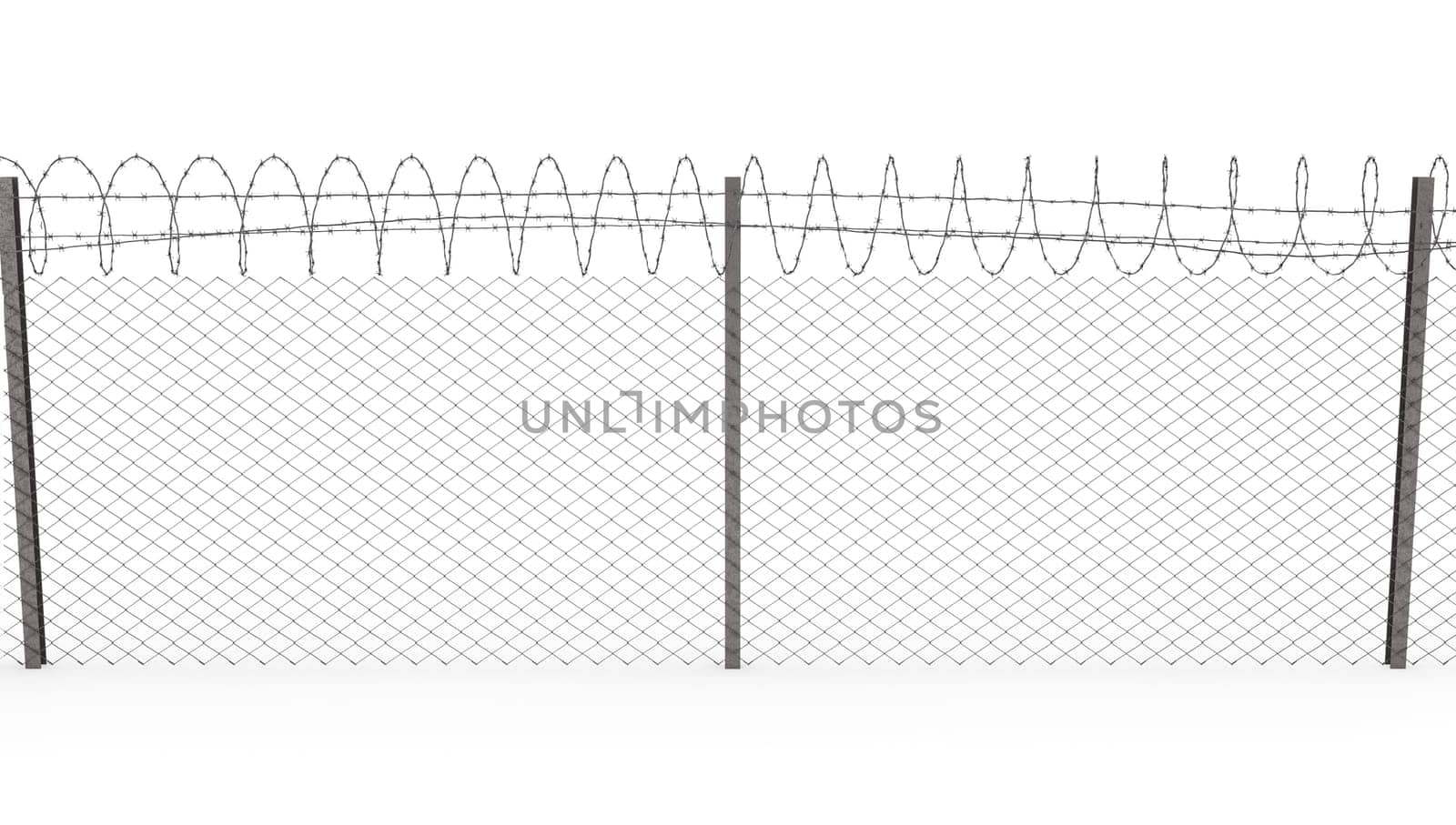 Chainlink fence with barbed wire on top  isolated on white background, front view