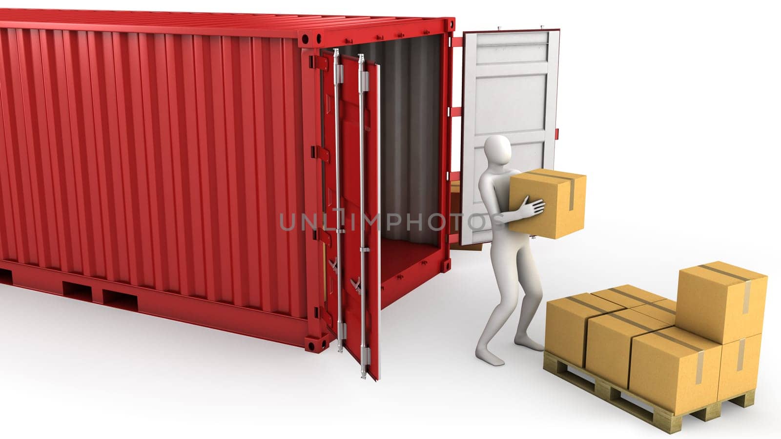 Worker unloads container, isolated on white background