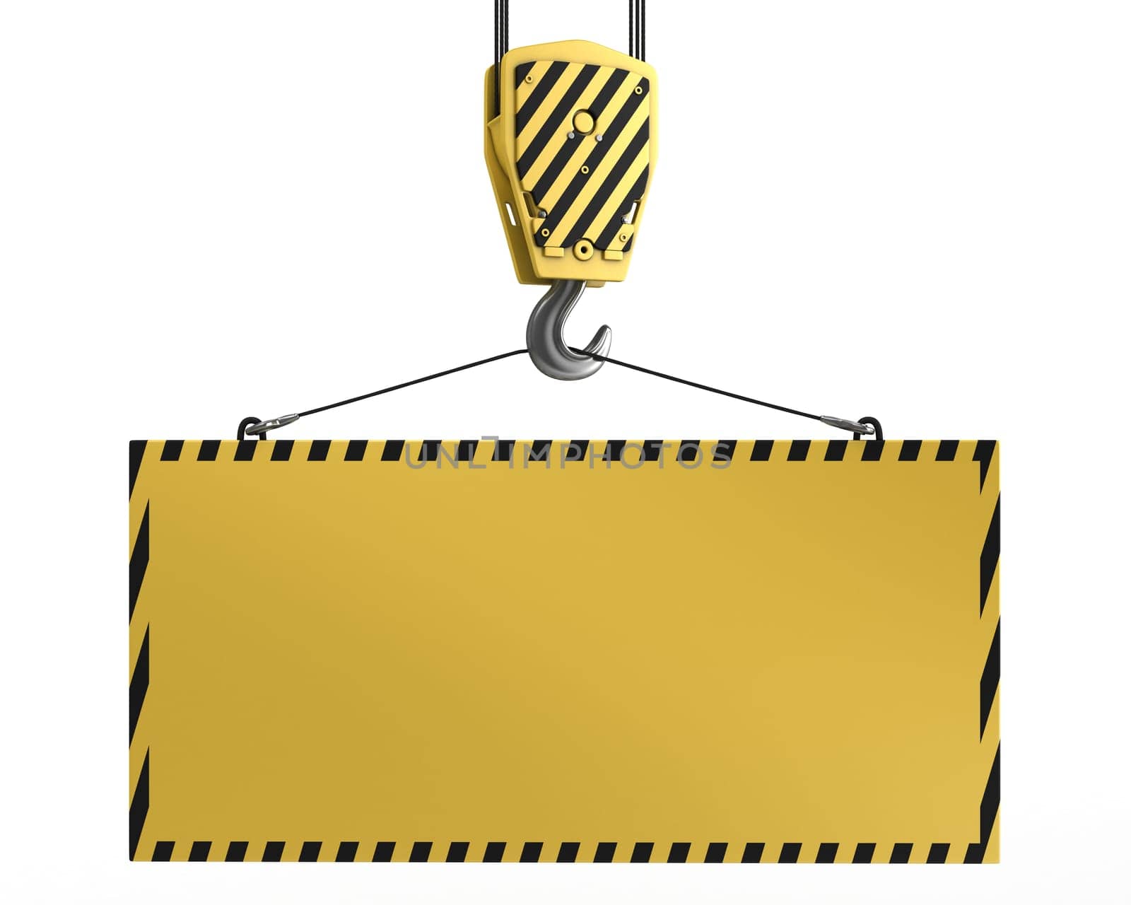 Yellow crane hook lifting blank yellow for design purposes, isolated on white background