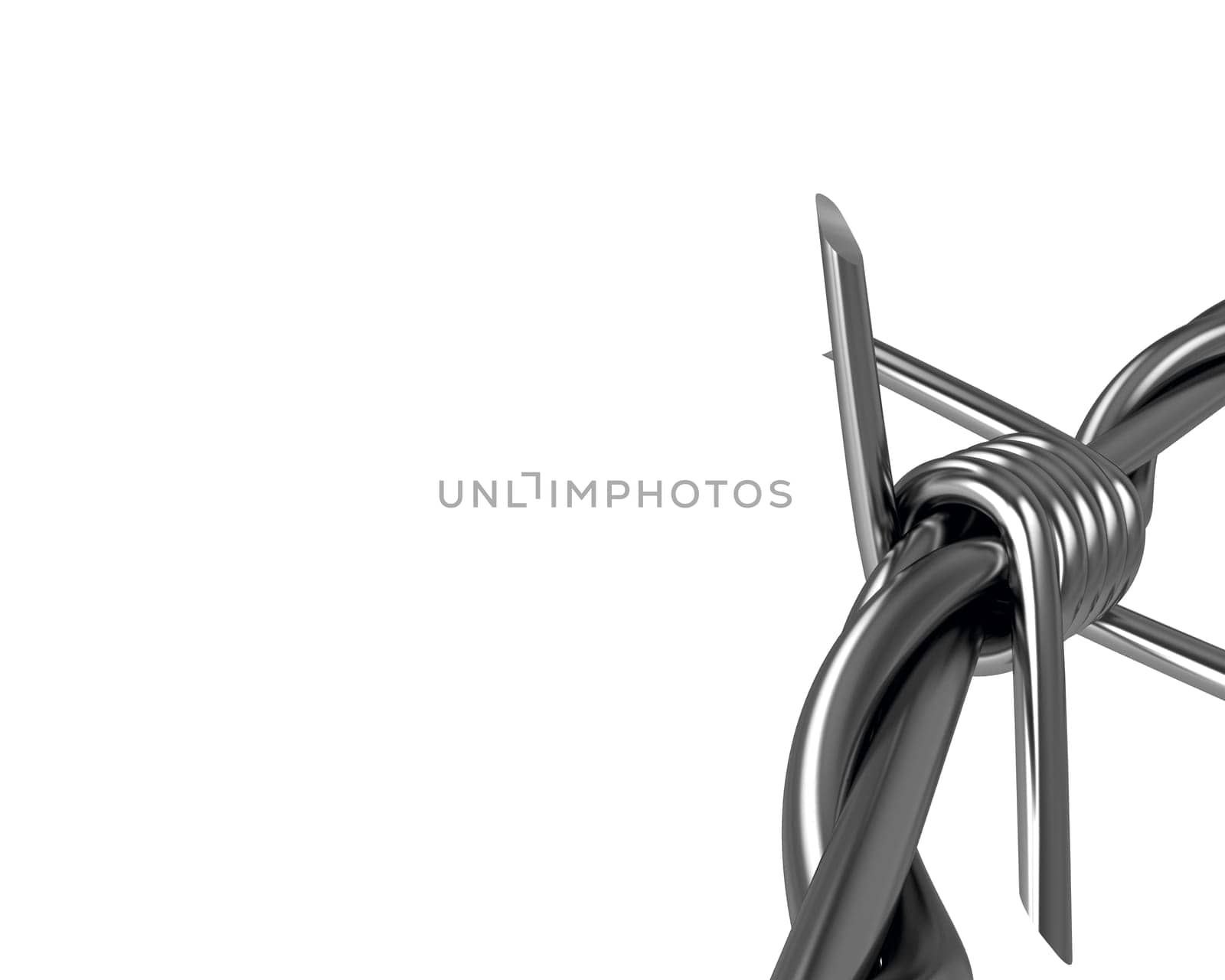 Barbed wire spike closeup, corner version isolated on white background