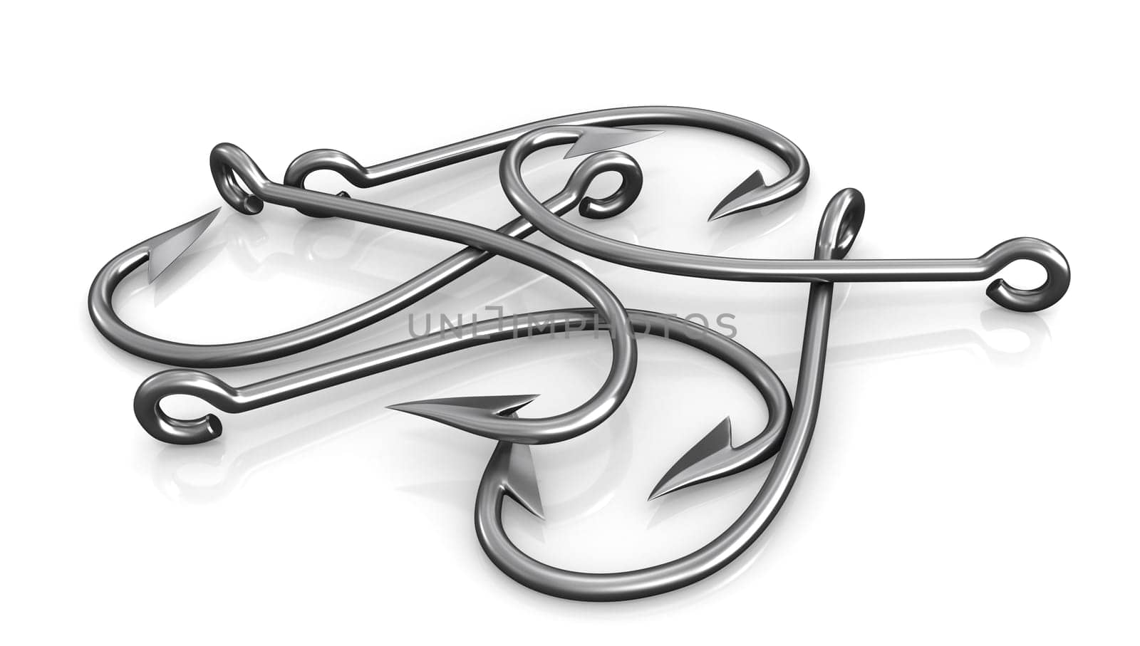 Few steel fishing hooks isolated on white background