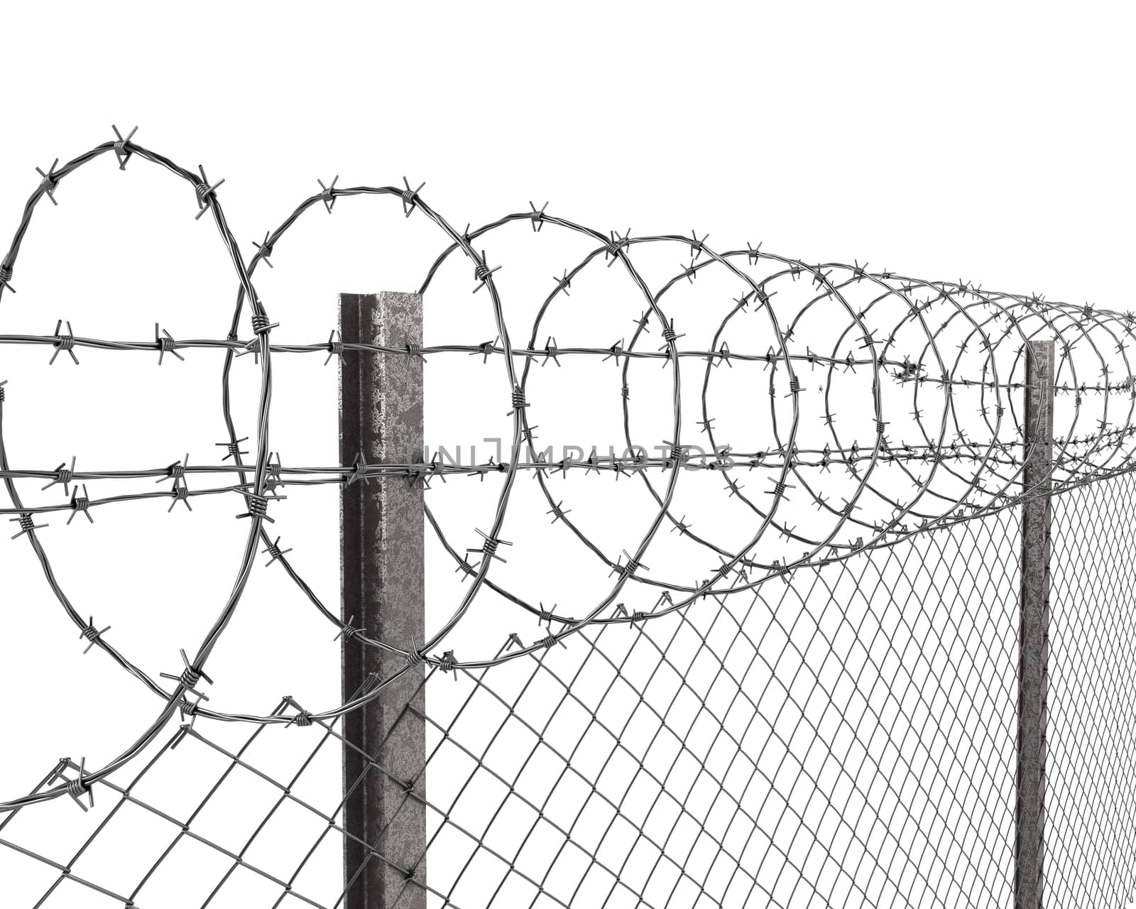 Chainlink fence with barbed wire on top closeup isolated on white background