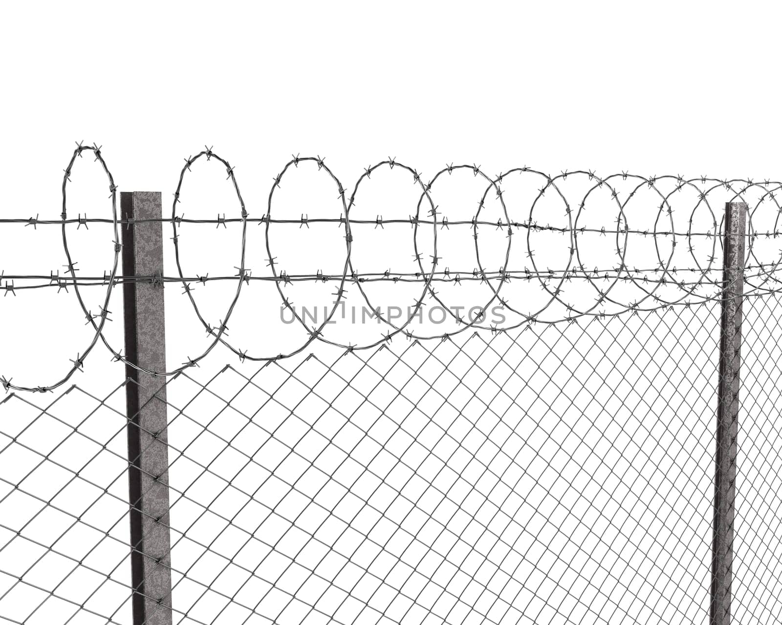 Chainlink fence with barbed wire on top  isolated on white background