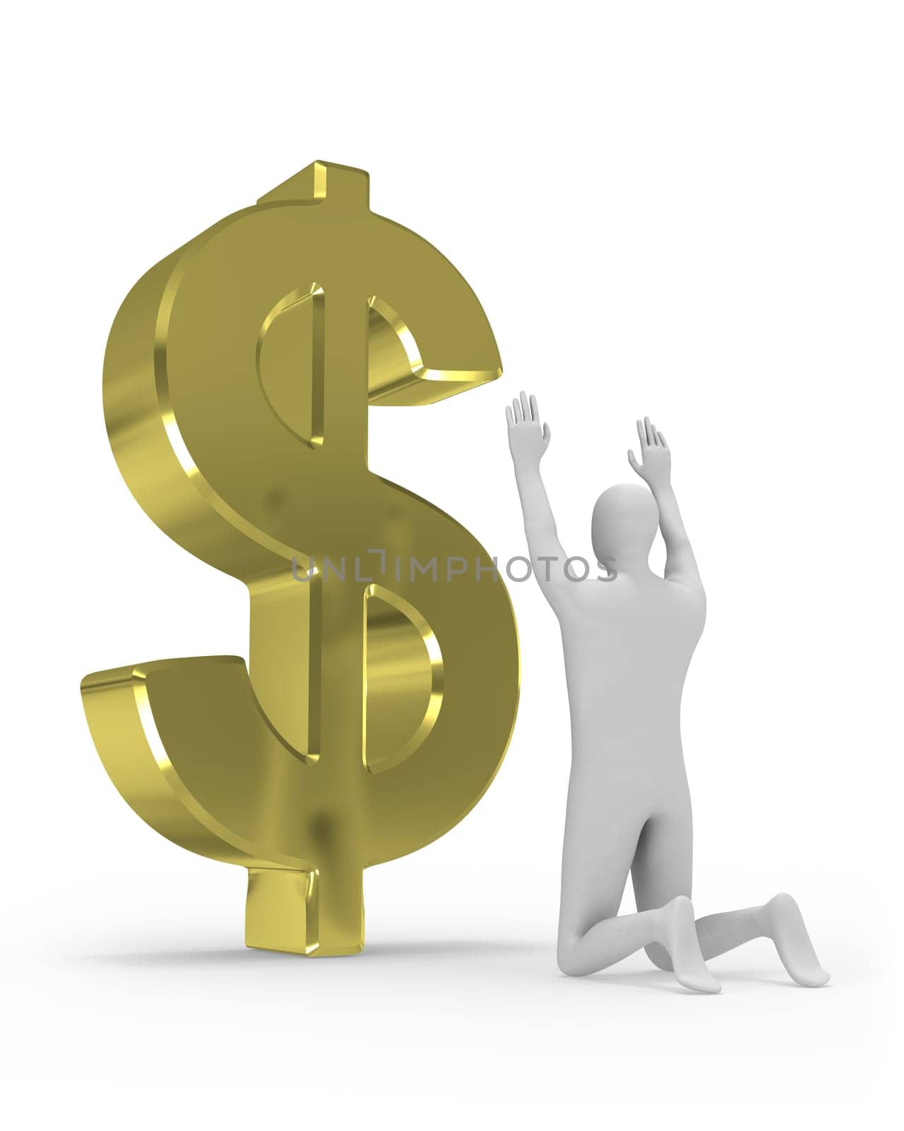 3D man worships big dollar sign isolated on white