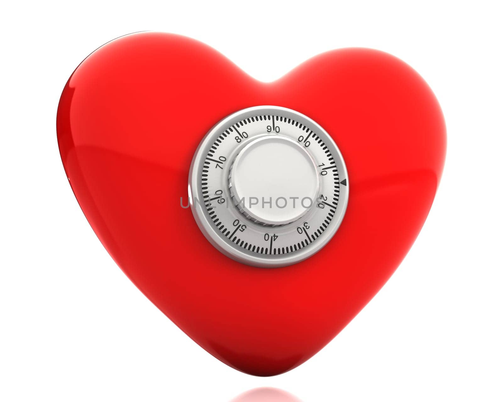 Red heart with a numeric safe lock isolated on white background