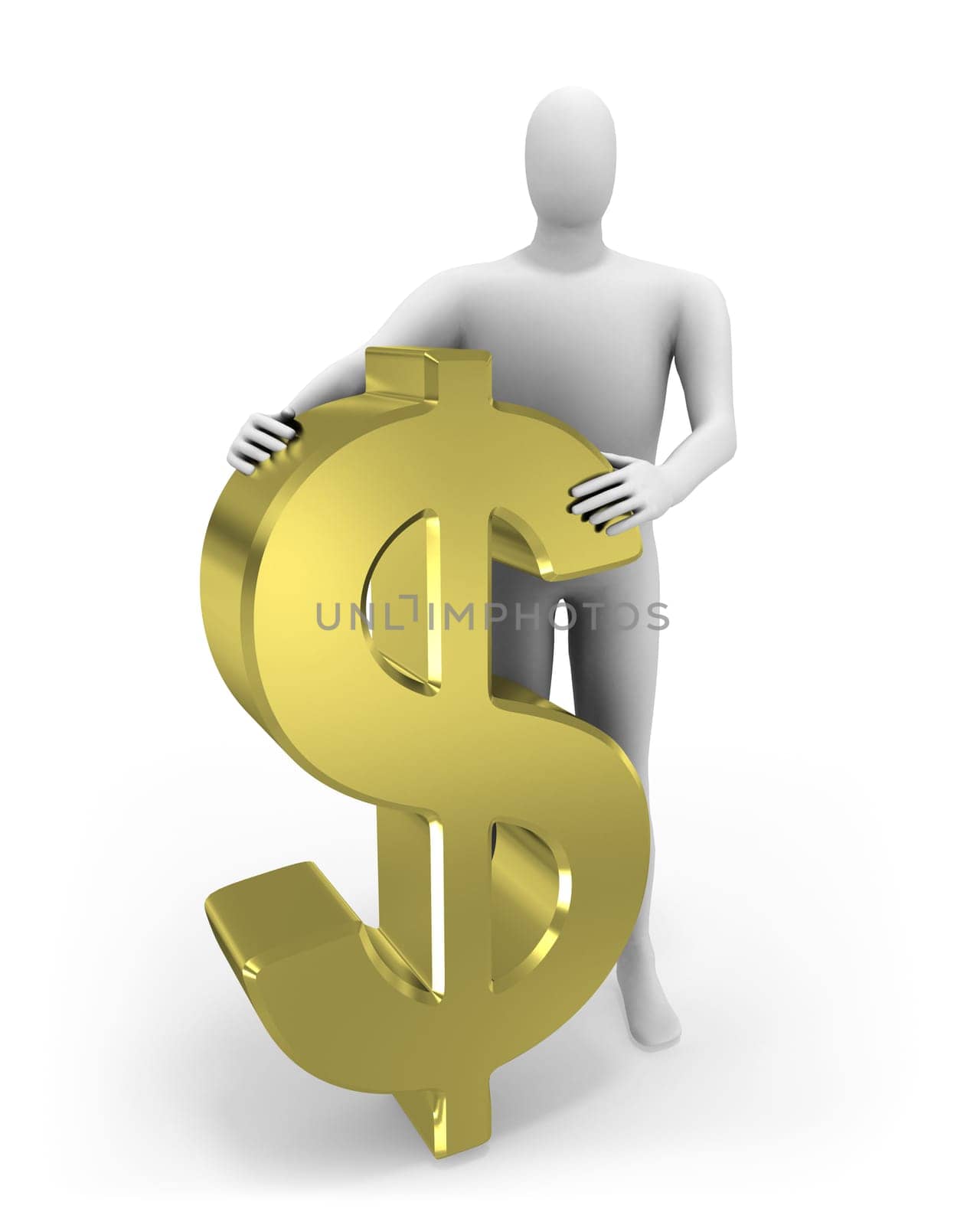 3d man embraces dollar figure isolated on white background
