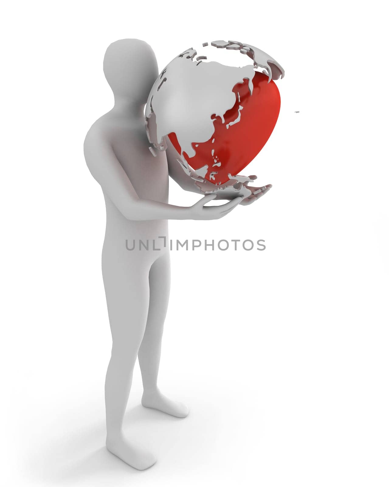 White man holds globe with heart, Asia part, isolated on white