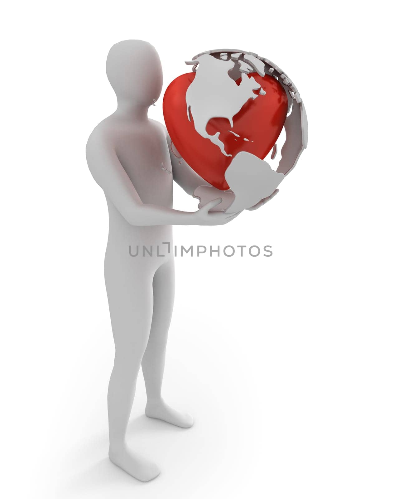 White man holds globe with heart, America part isolated on white