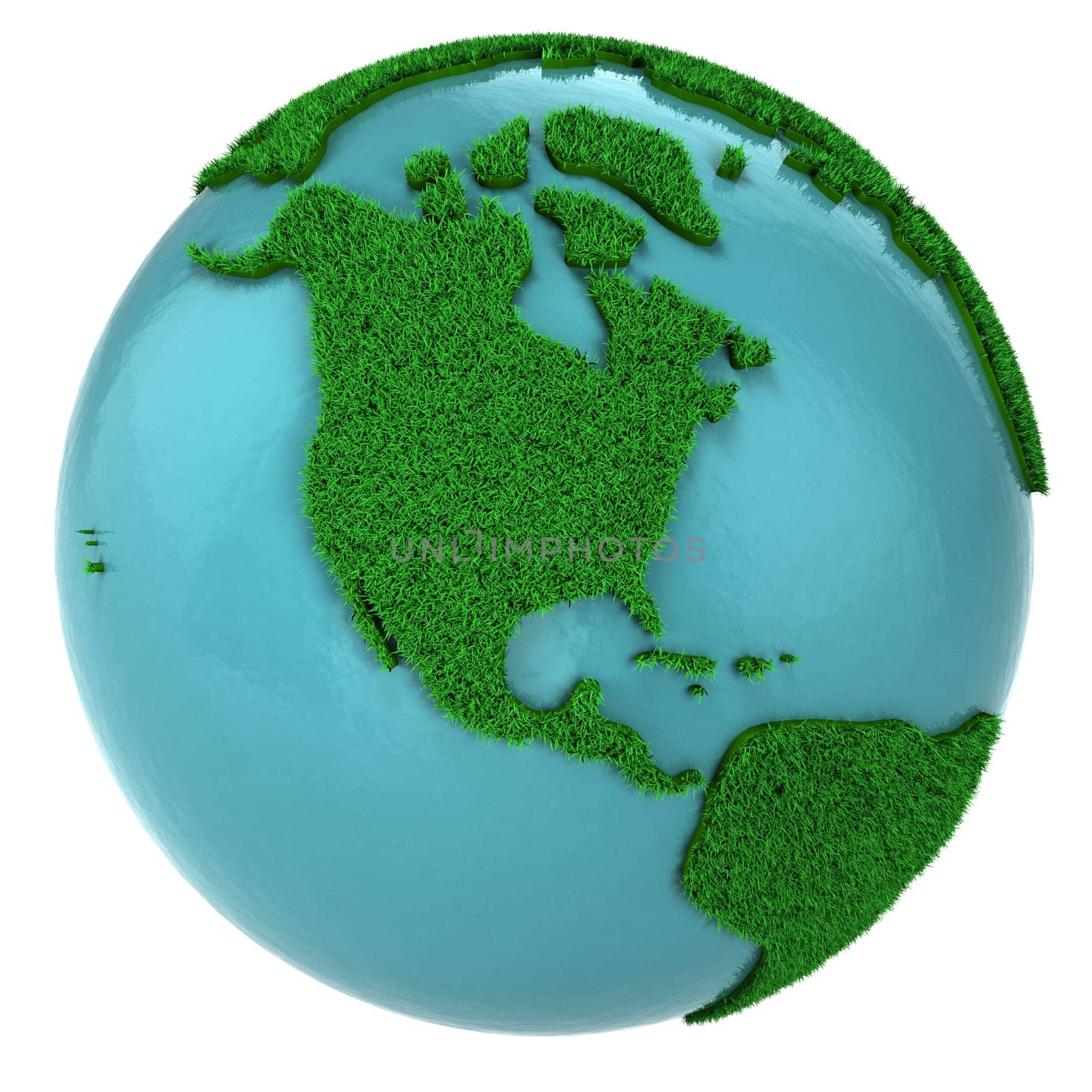 Globe of grass and water, North America part, isolated on white background