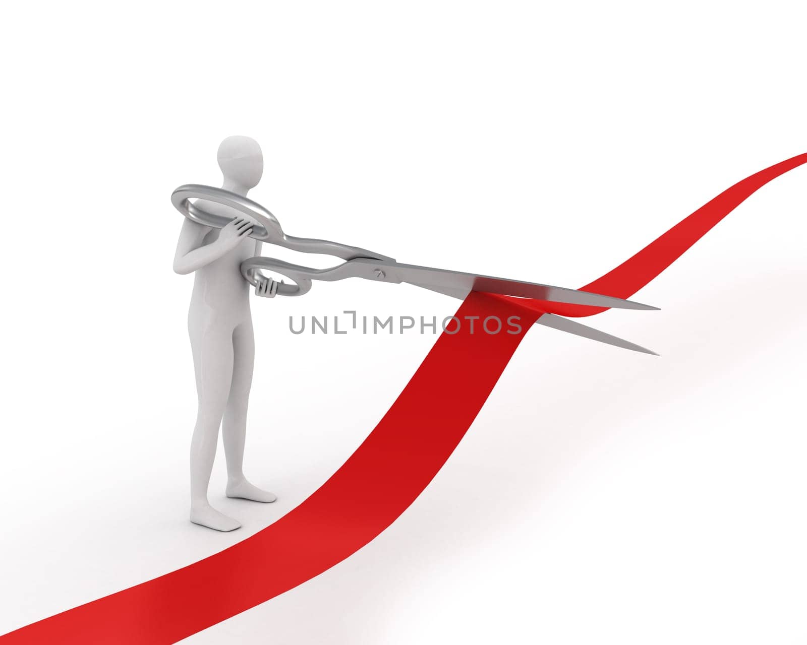 3D white man cuts ribbon with large scissors isolated on white