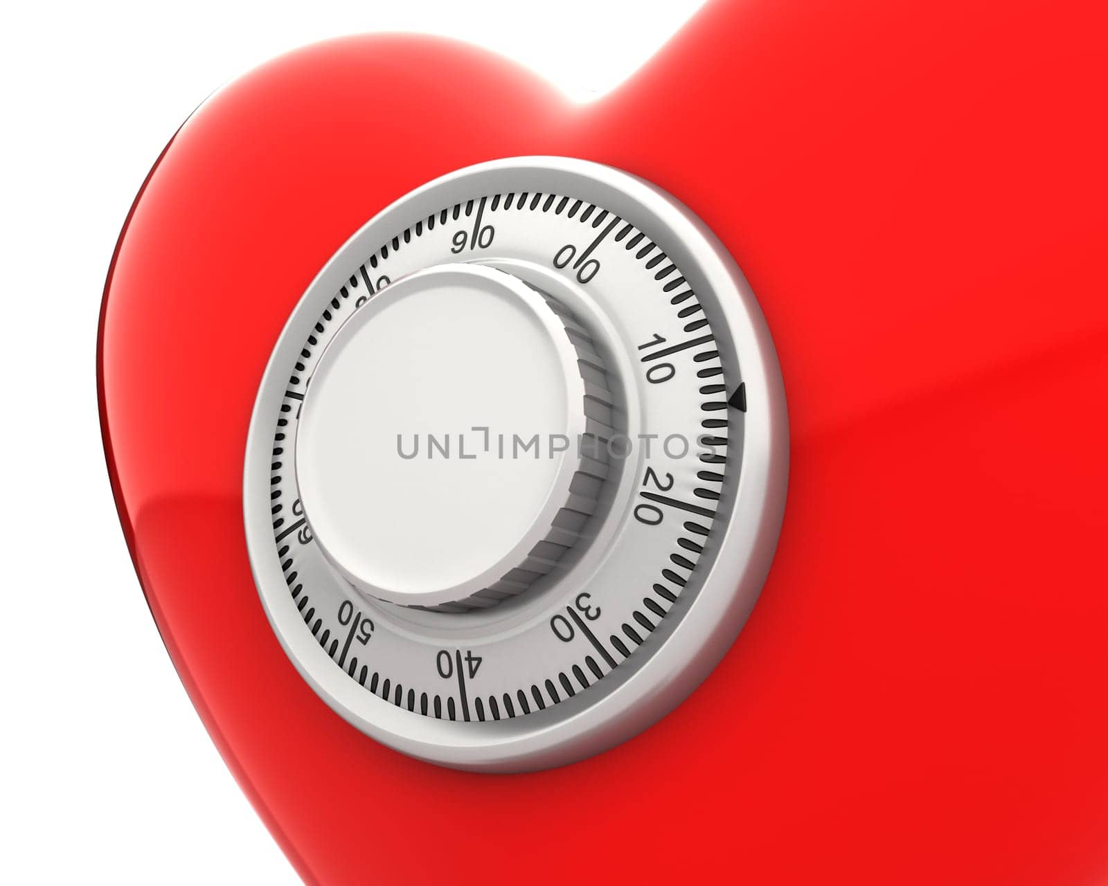 Red heart with a numeric safe lock closeup isolated on white background
