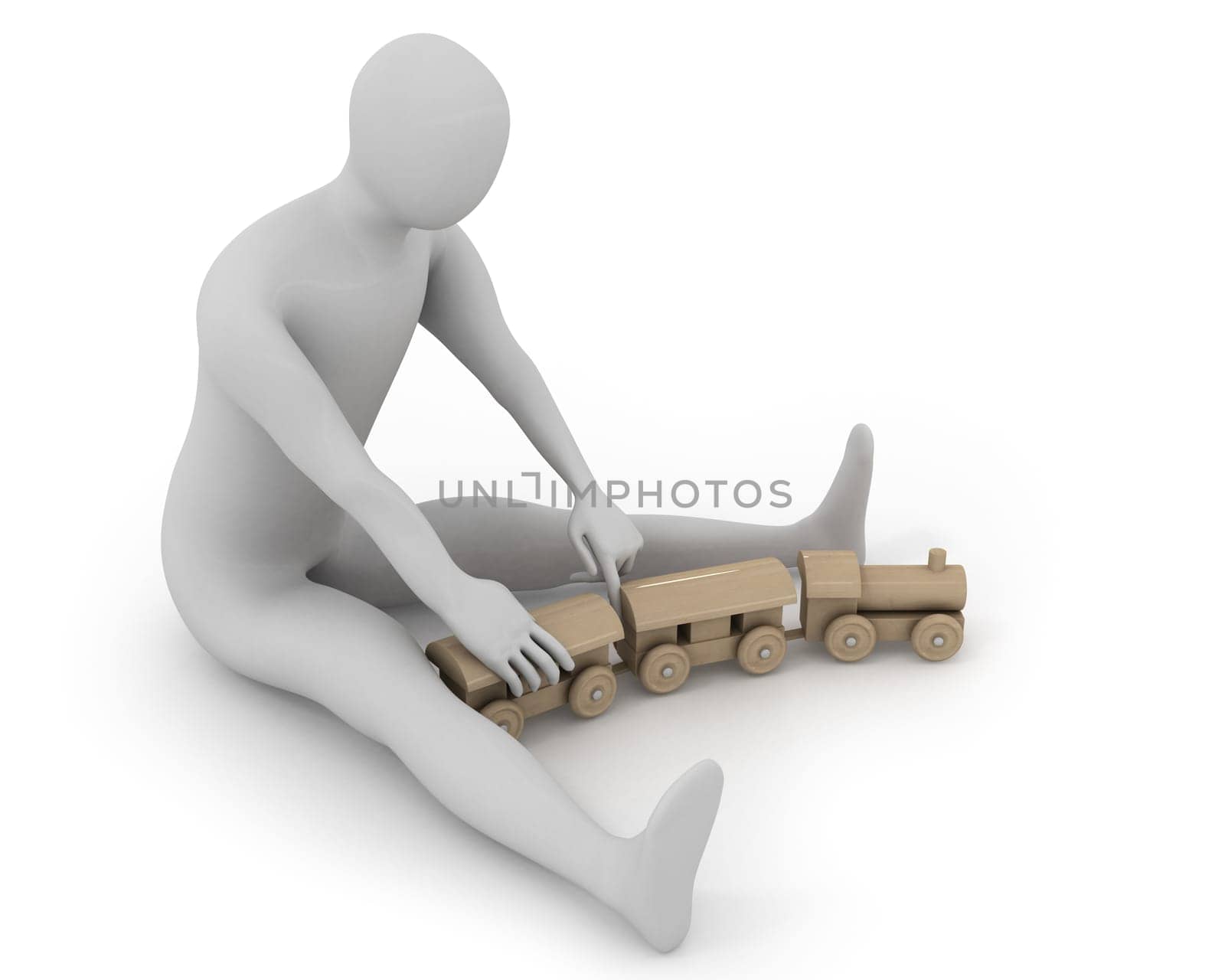 3D white man plays with wooden train, isolated on white