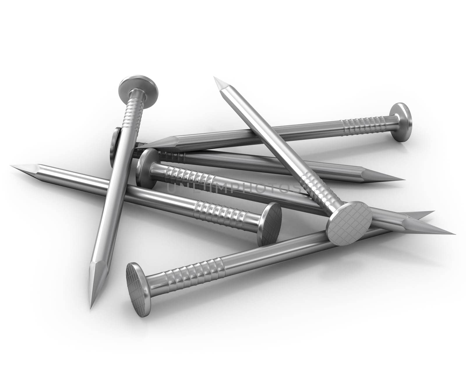 Heap of steel shiny nails isolated on white background