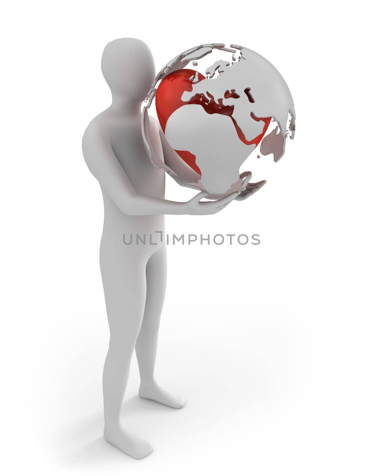 White man holds globe with heart, Europe part, isolated on white