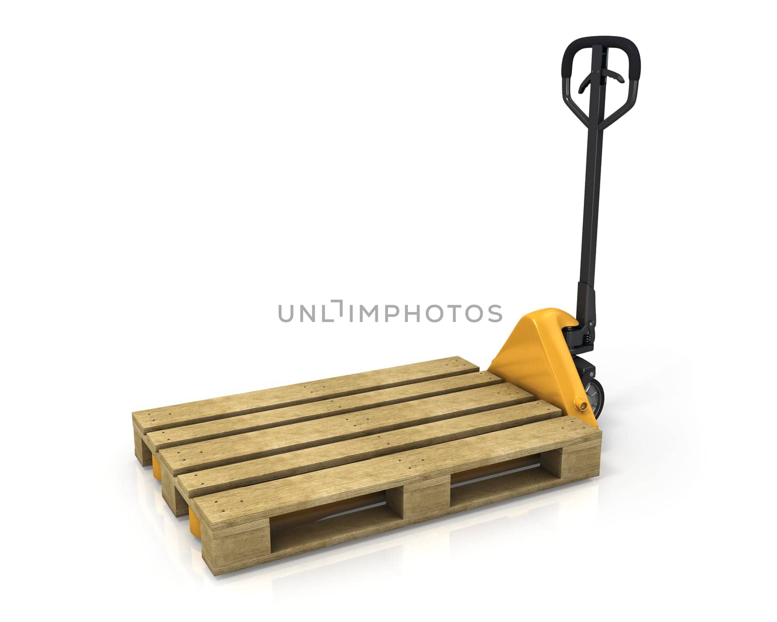 Pallet truck with empty pallet in perspective, isolated on white background