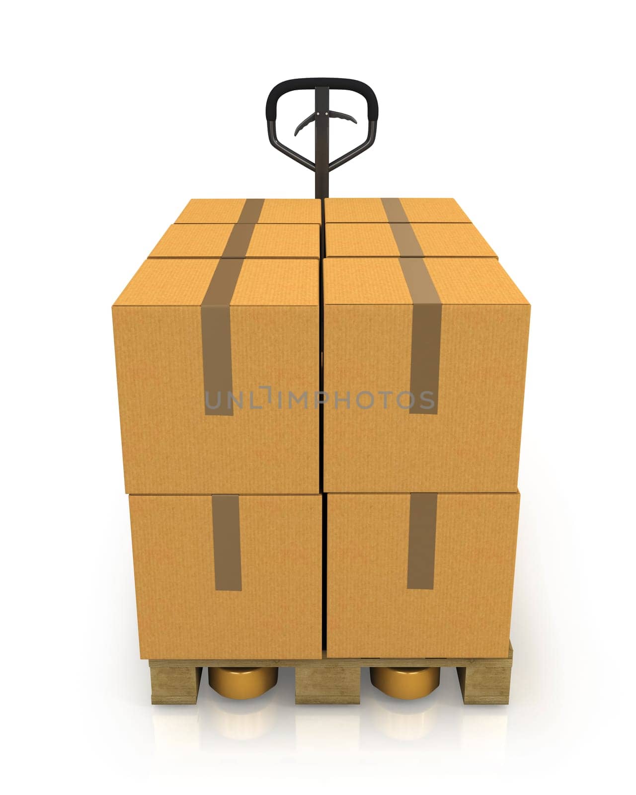 Stack of carton boxes on a pallet with a pallet truck front view isolated on white background