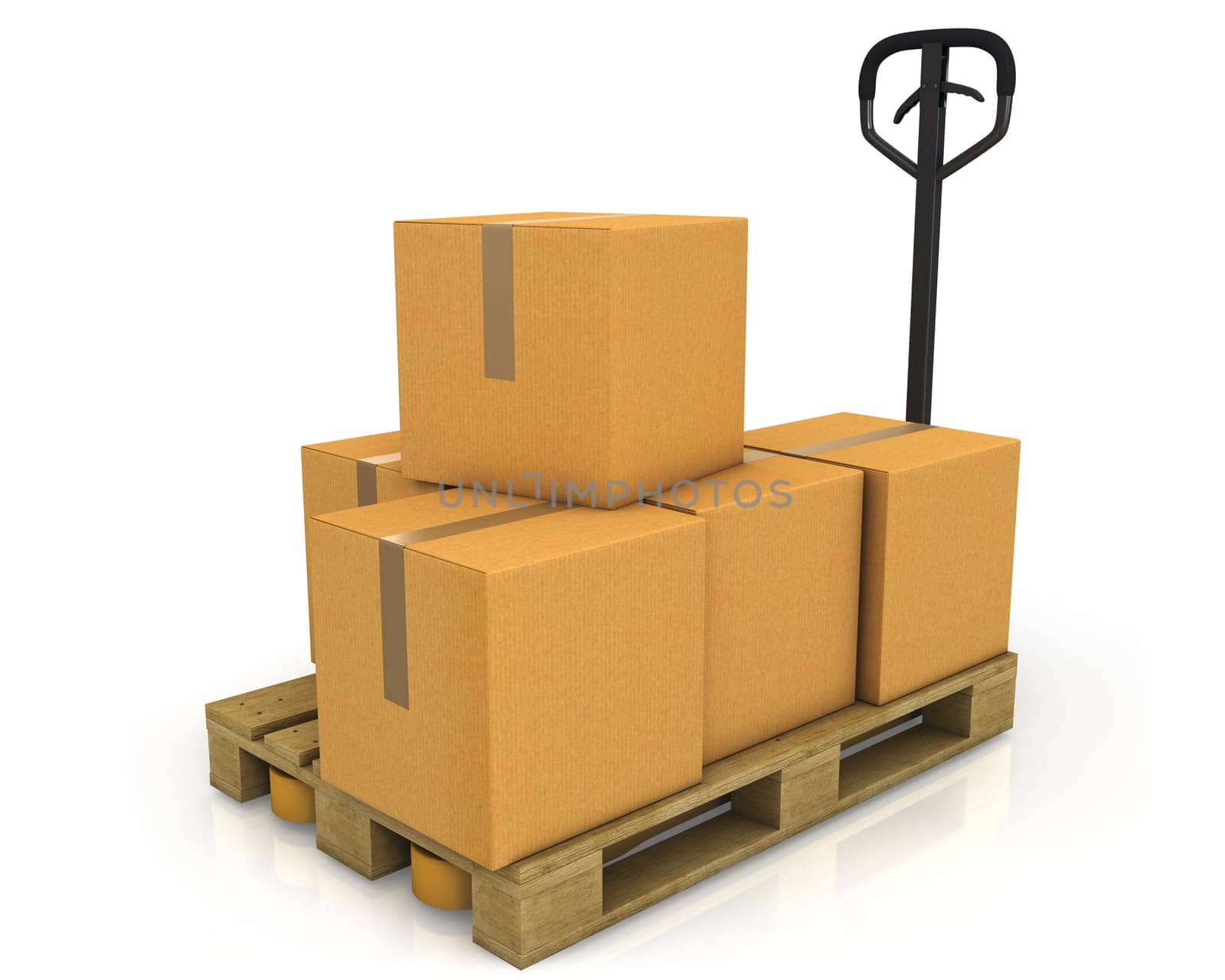 Stack of carton boxes on a pallet with a pallet truck isolated on white background