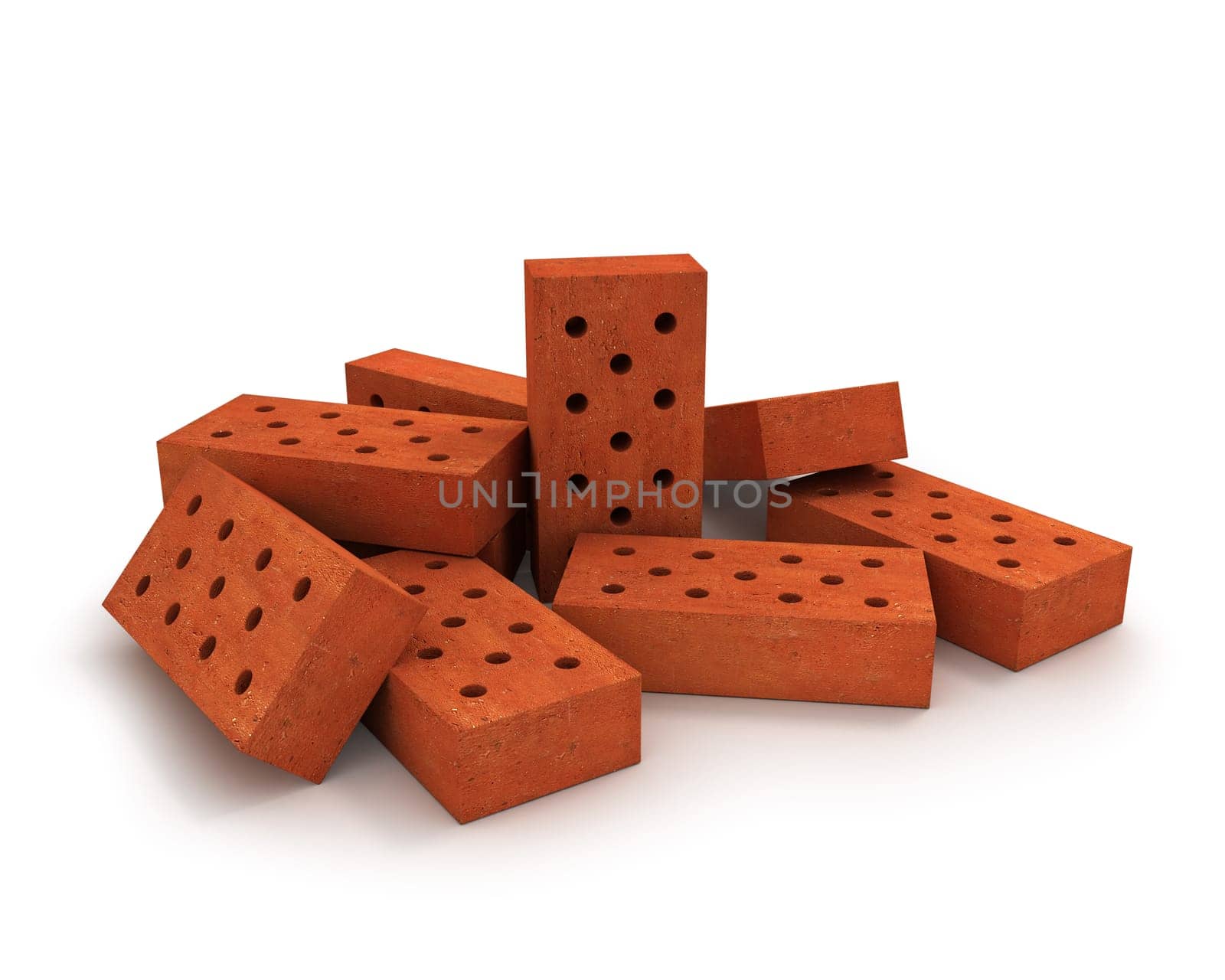Heap of orange bricks isolated on white background