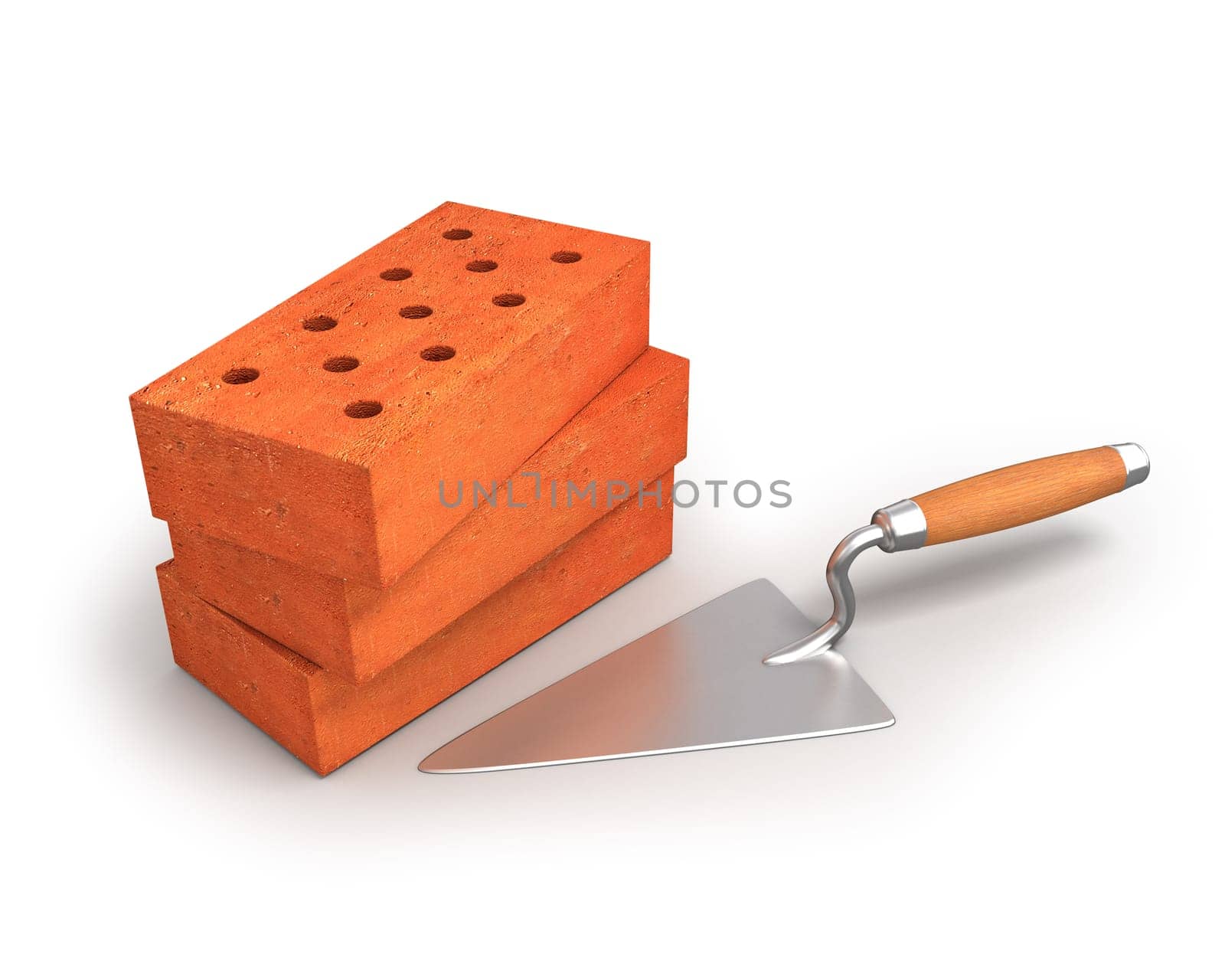 Bricks and trowel isolated on white background