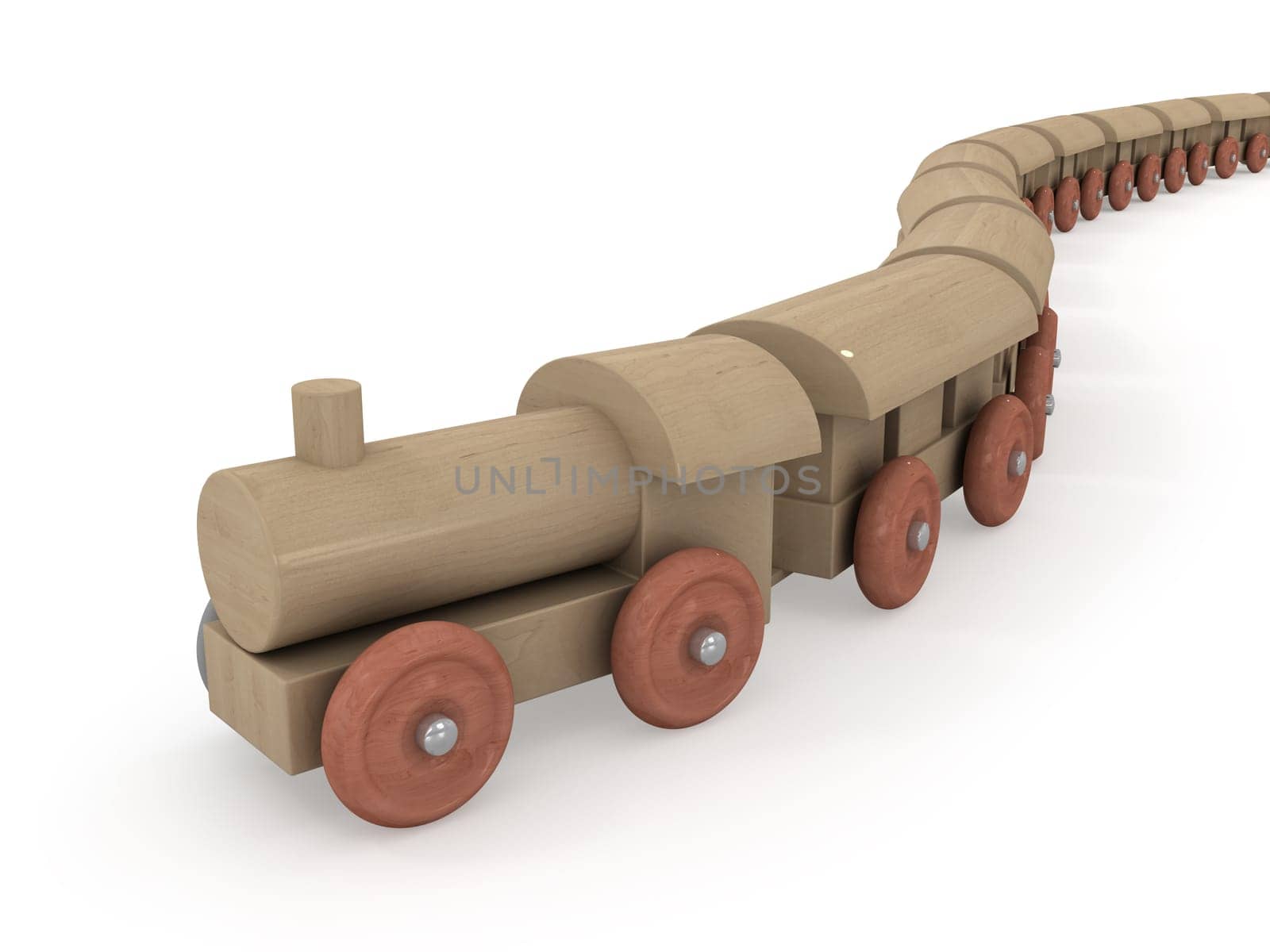 Arrival of wooden locomotive isolated on white background