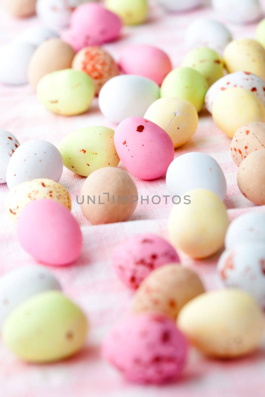 Close-up of pastel colored chocolate Easter egg candy