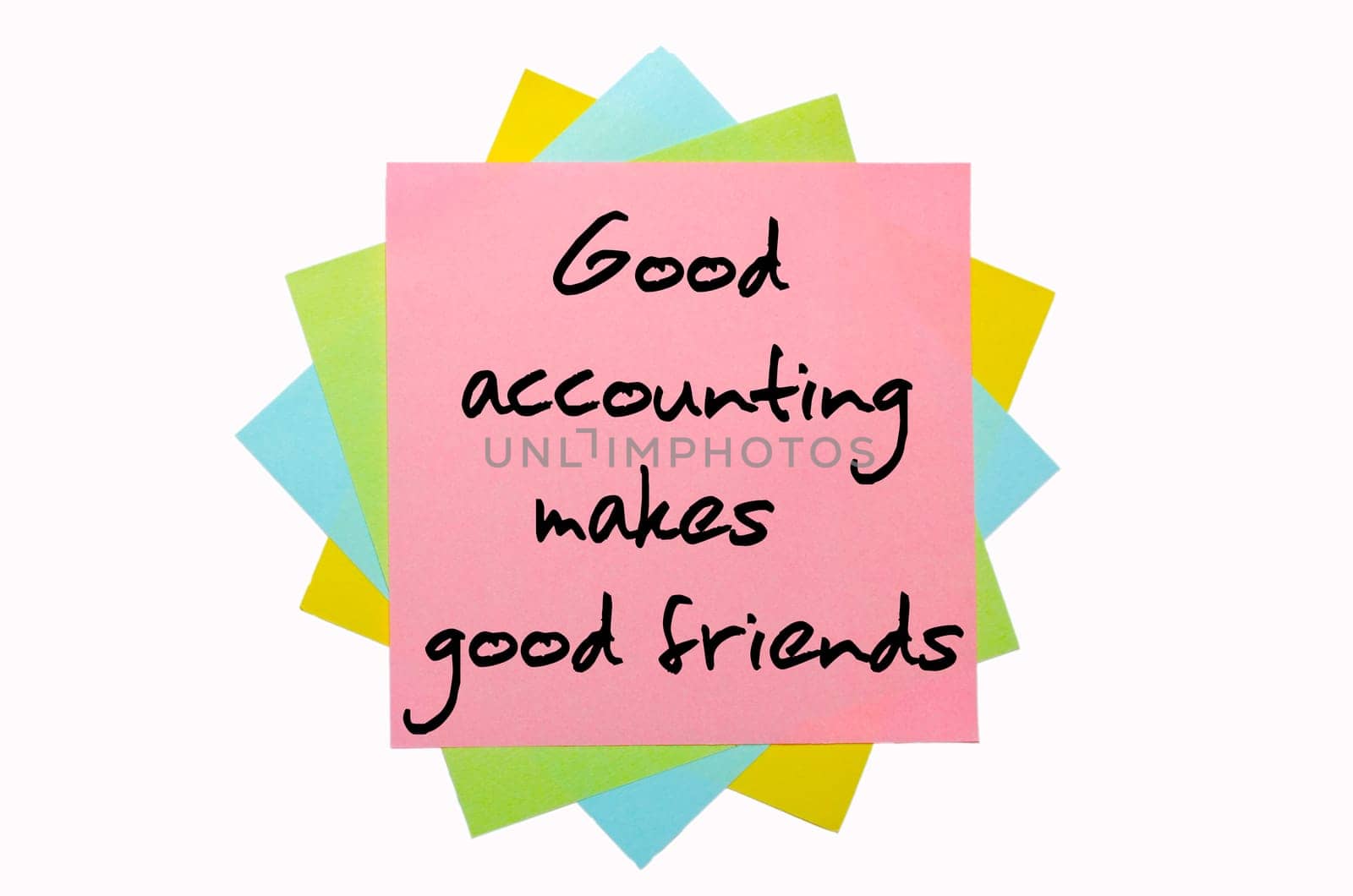 text "  Good accounting makes good friends "" written by hand font on bunch of colored sticky notes"