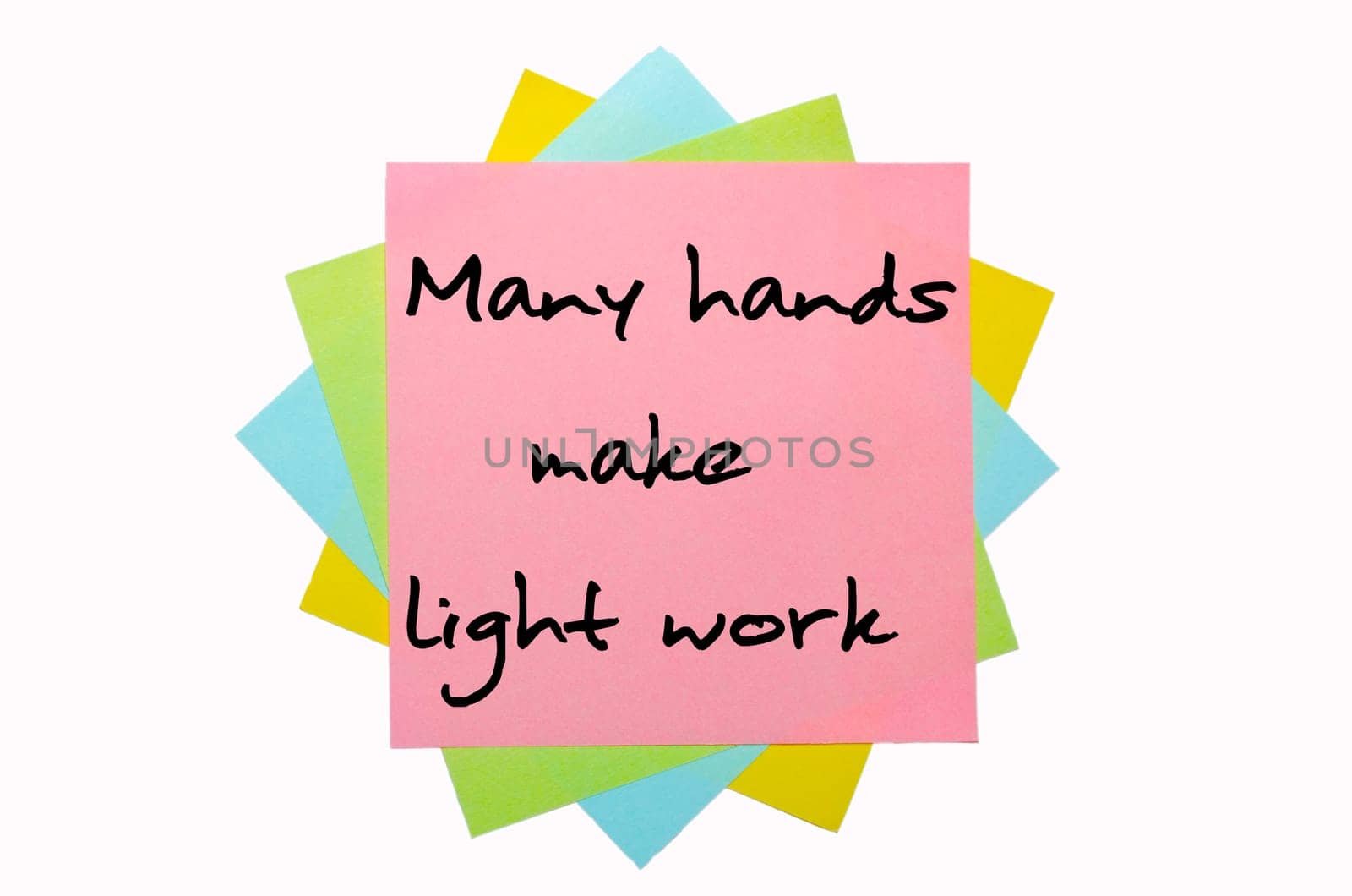 Proverb "Many hands make light work"" written on bunch of sticky notes"