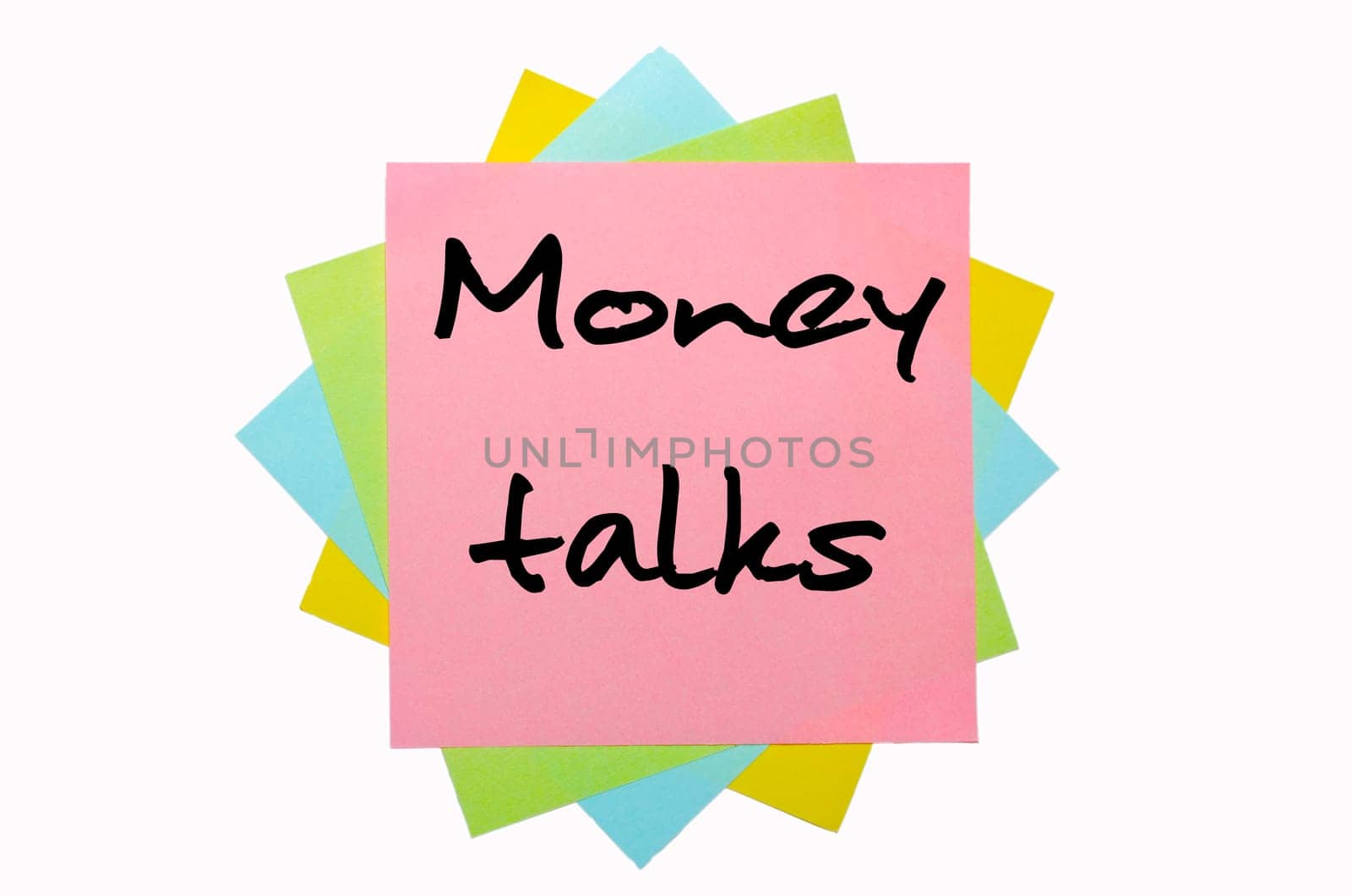 text "Money talks"" written by hand font on bunch of colored sticky notes"