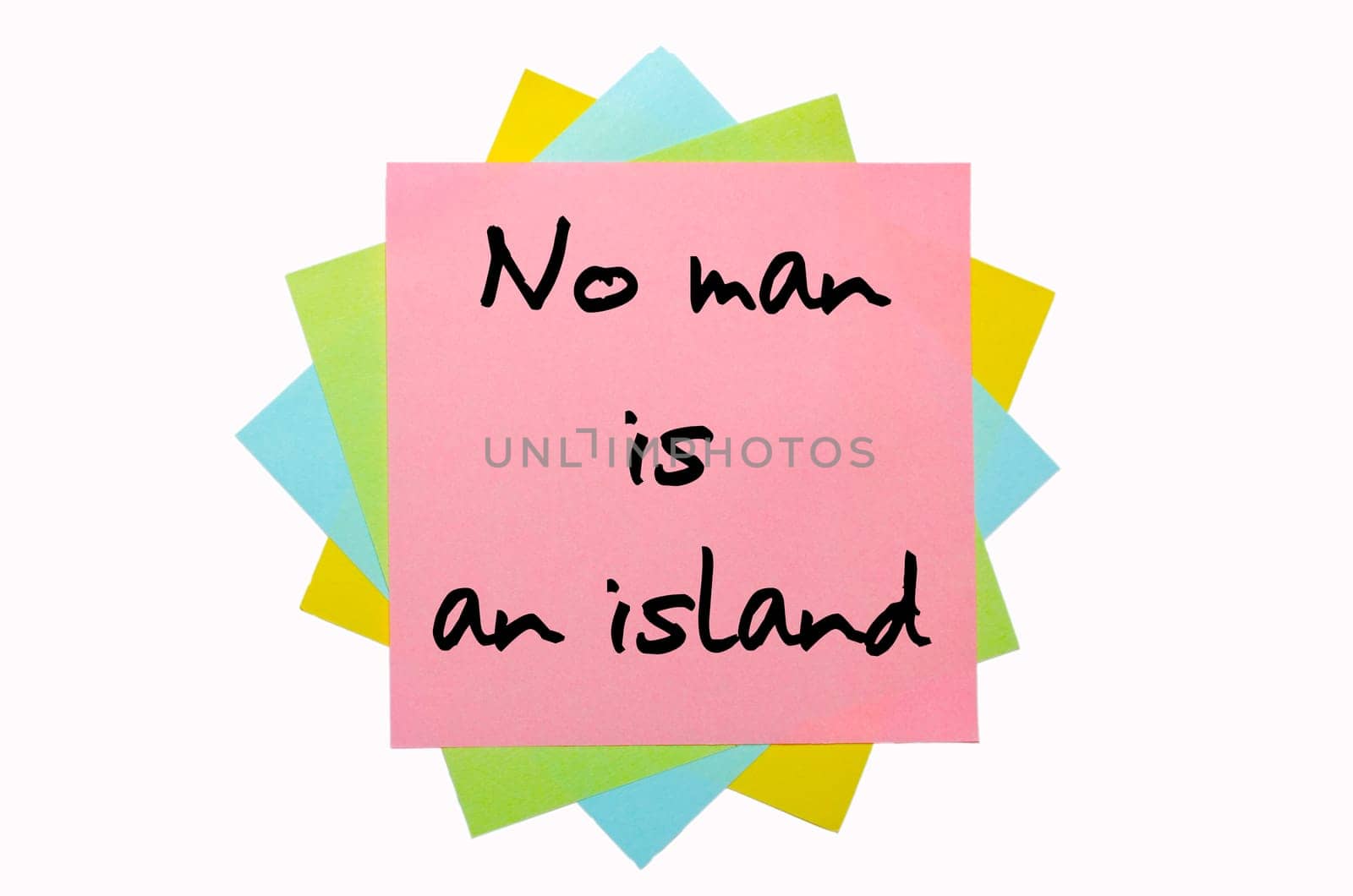 text " No man is an island "" written by hand font on bunch of colored sticky notes"