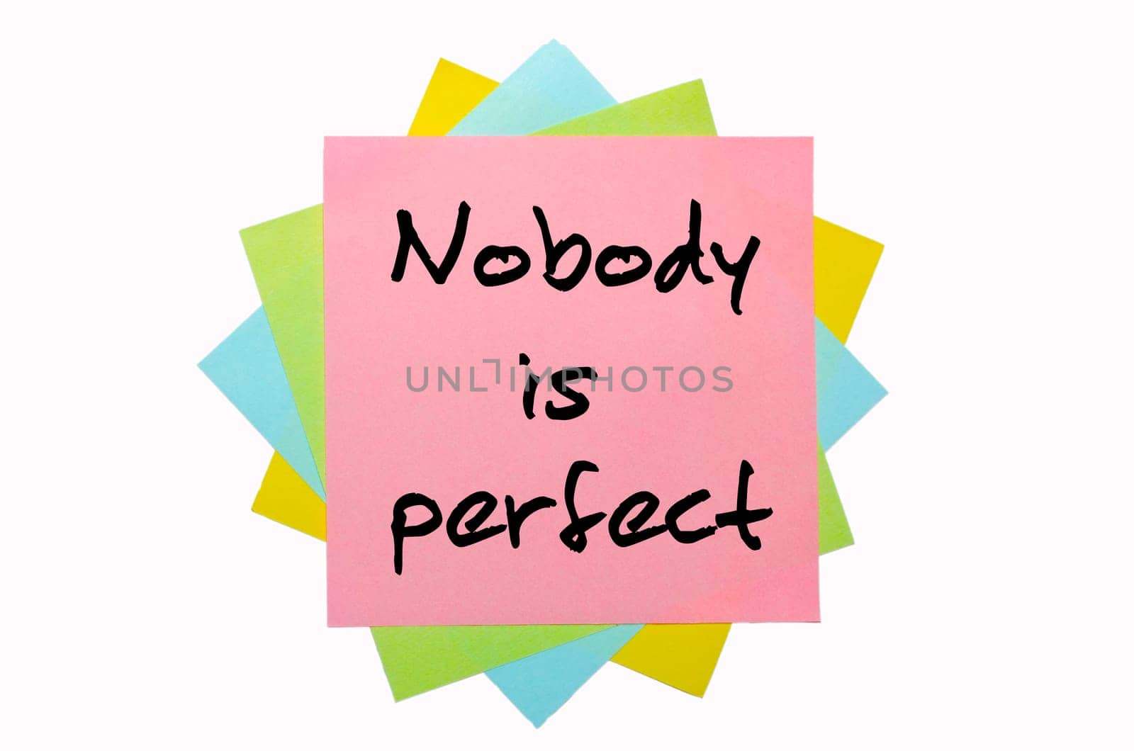 text " Nobody is perfect "" written by hand font on bunch of colored sticky notes"