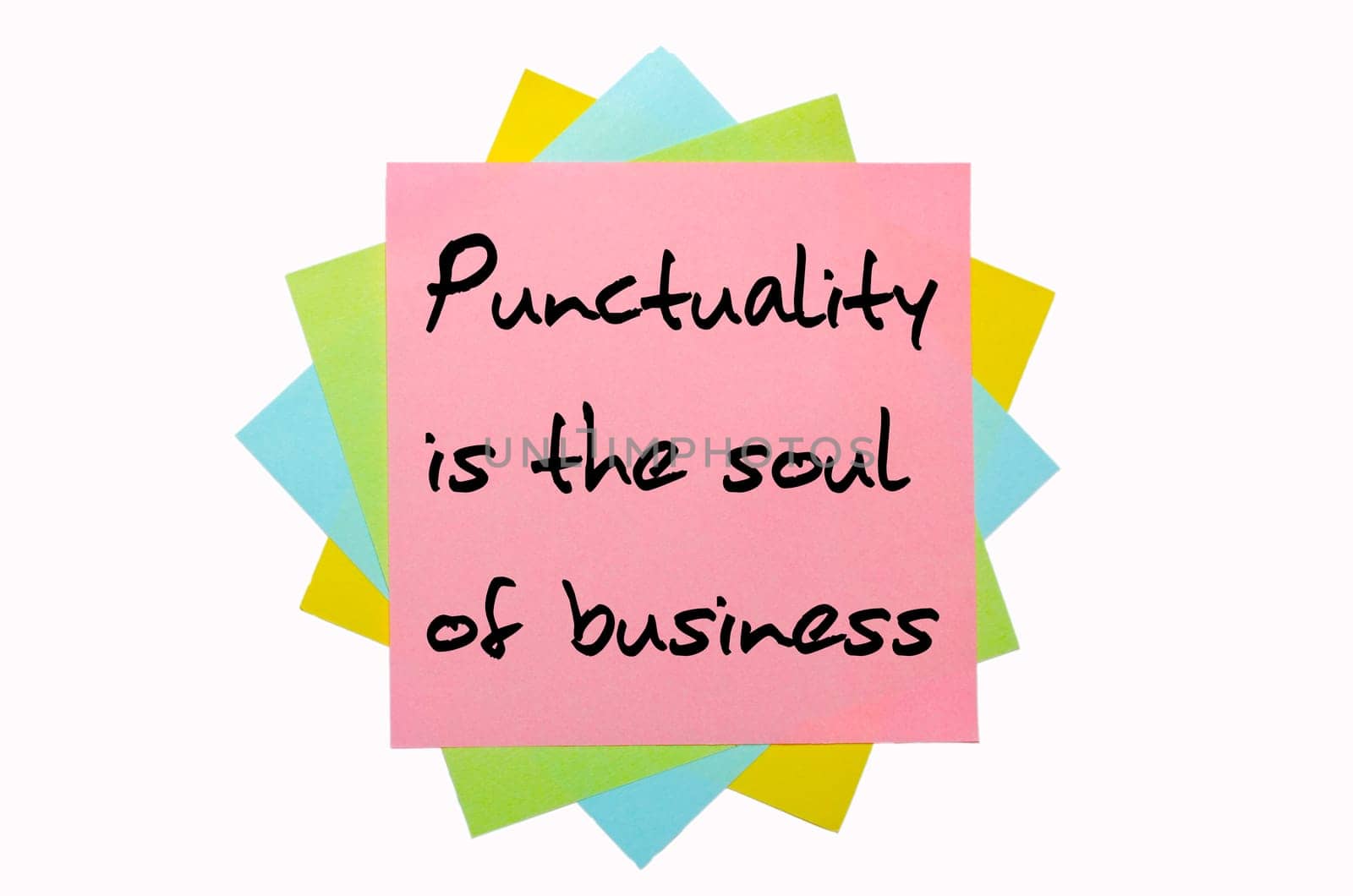 text " Punctuality is the soul of business "" written by hand font on bunch of colored sticky notes"