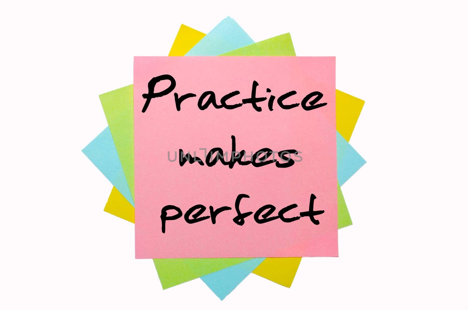 text "Practice makes perfect"" written by hand font on bunch of colored sticky notes"