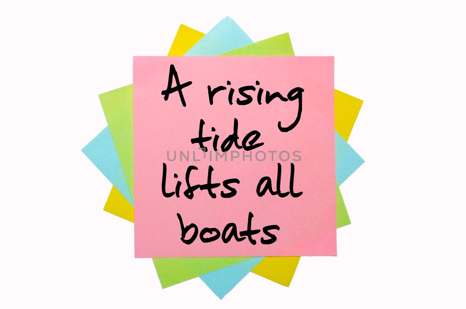 text "A rising tide lifts all boats"" written by hand font on bunch of colored sticky notes"