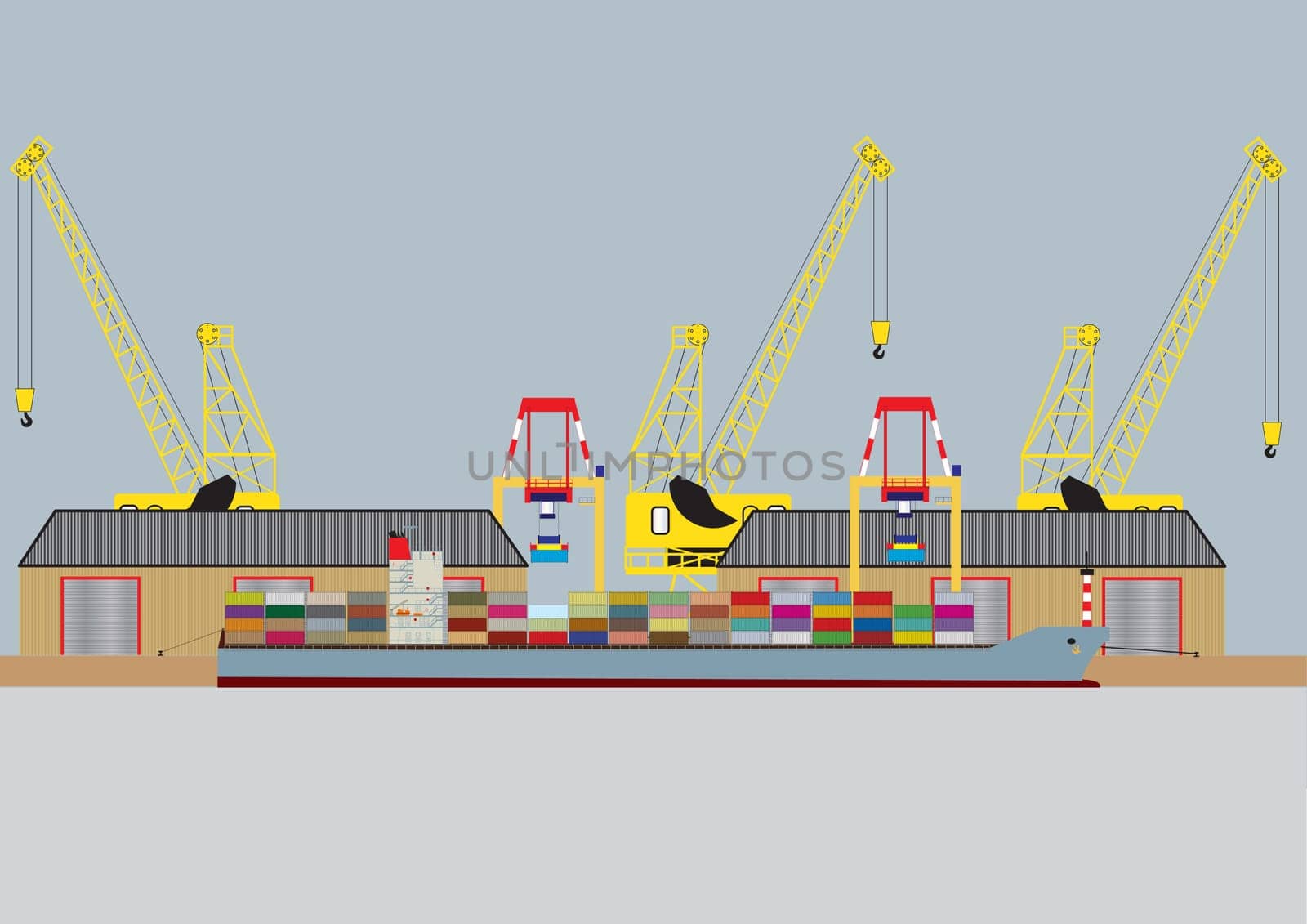 A vector image of a  Container Ship unloading in Harbour with Warehouses and Dock Cranes