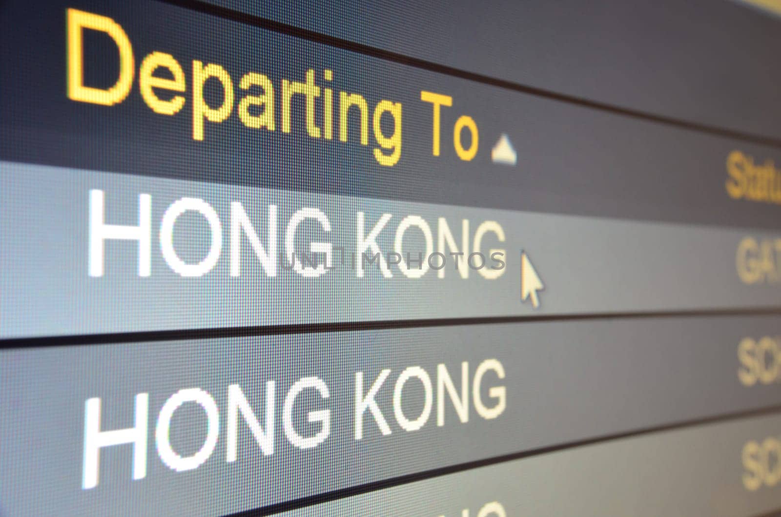 Computer screen closeup of Hong Kong flight status