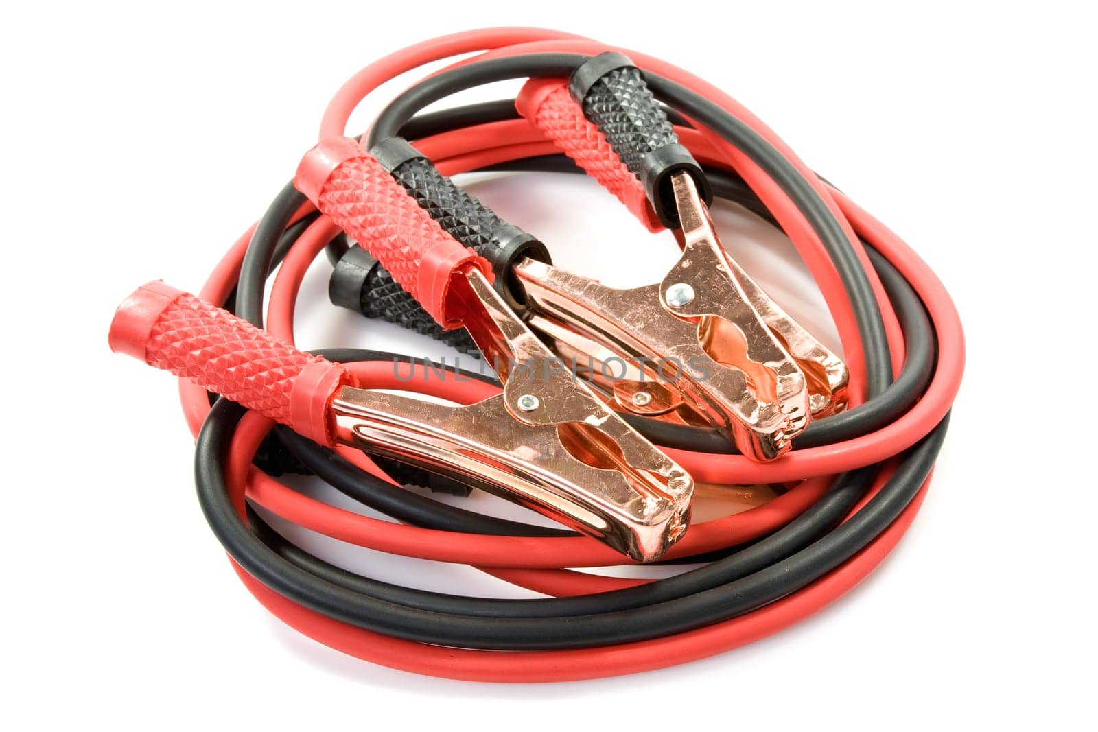 Car battery jumper cables over a white background