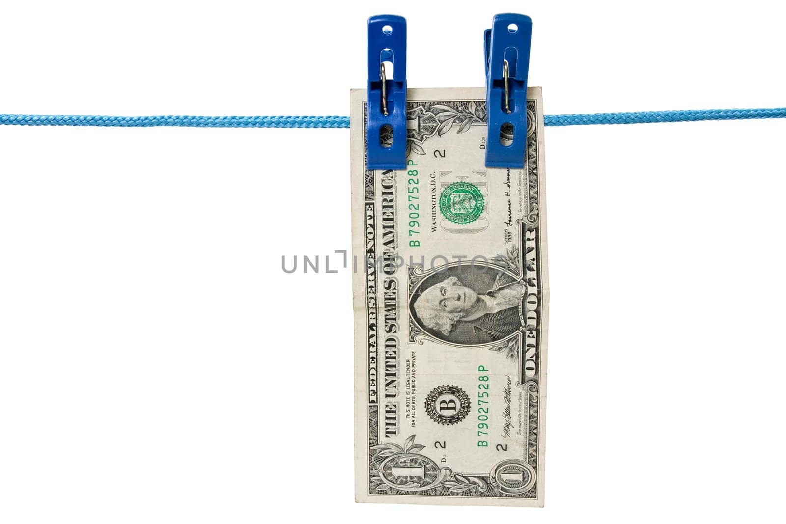 one dollar  hung on a washing line, symbolising money laundering