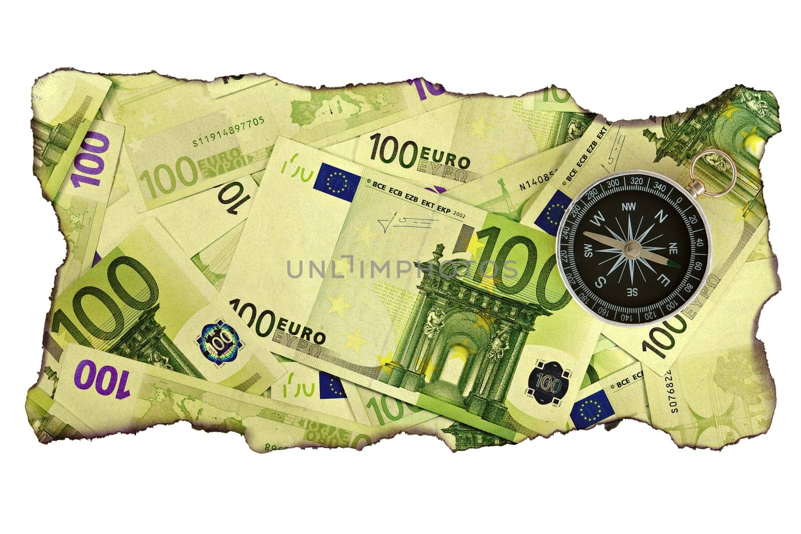 compass on the burnt euro currency background
