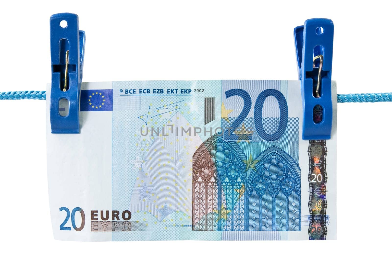 twenty euro  hung on a washing line, symbolising money laundering