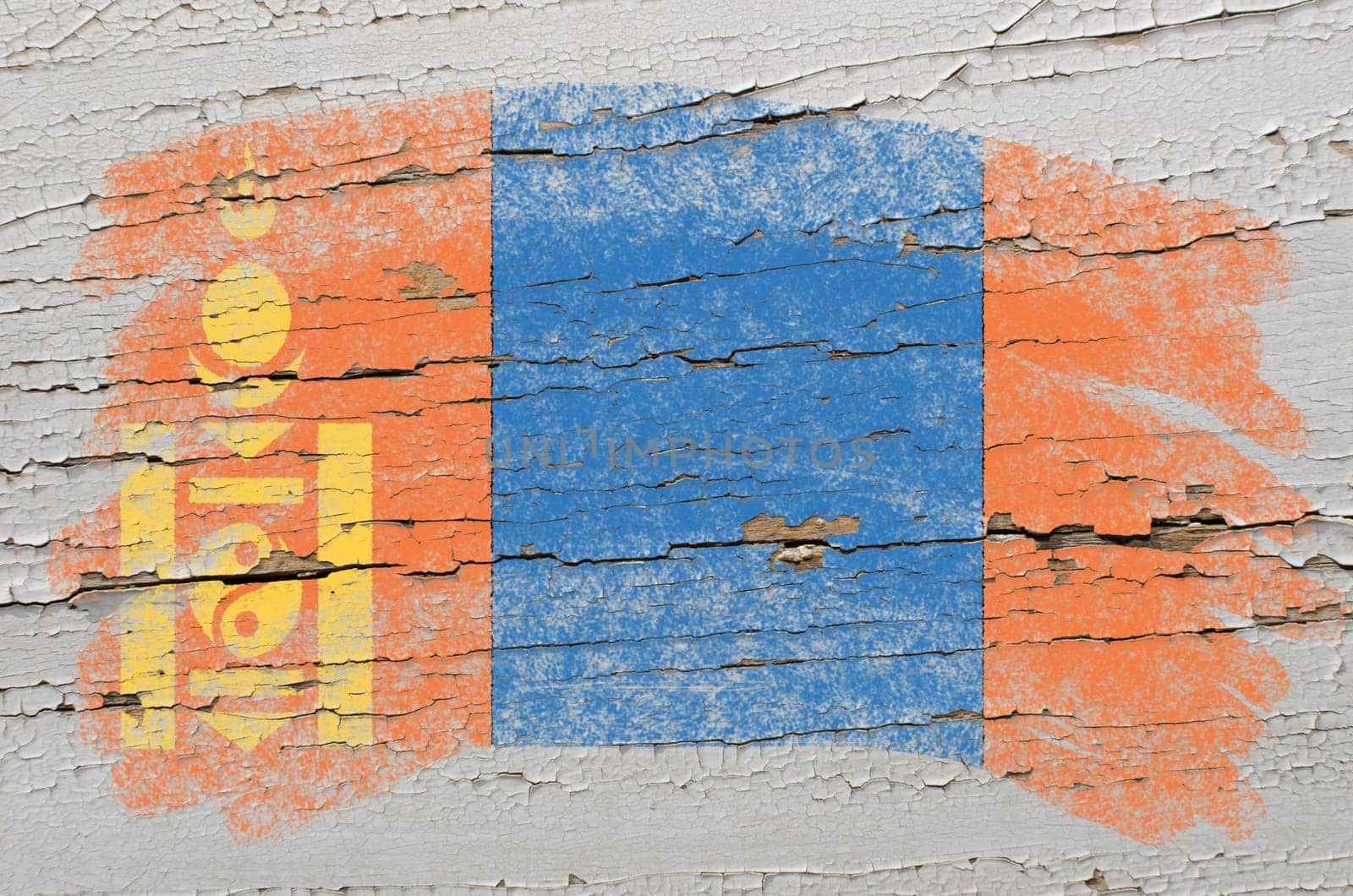 Chalky mongolia flag painted with color chalk on grunge wooden texture