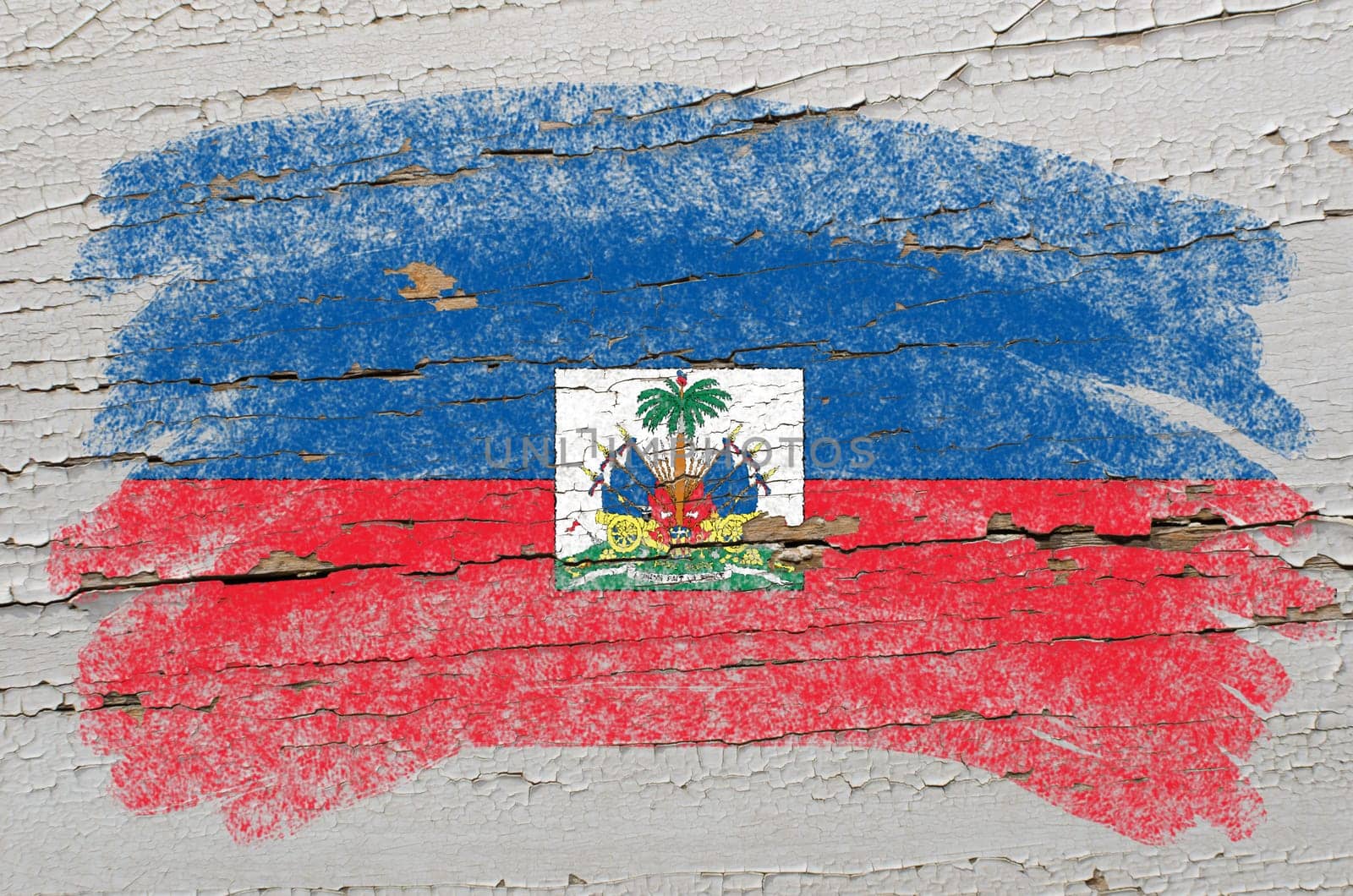 Chalky haitian flag painted with color chalk on grunge wooden texture