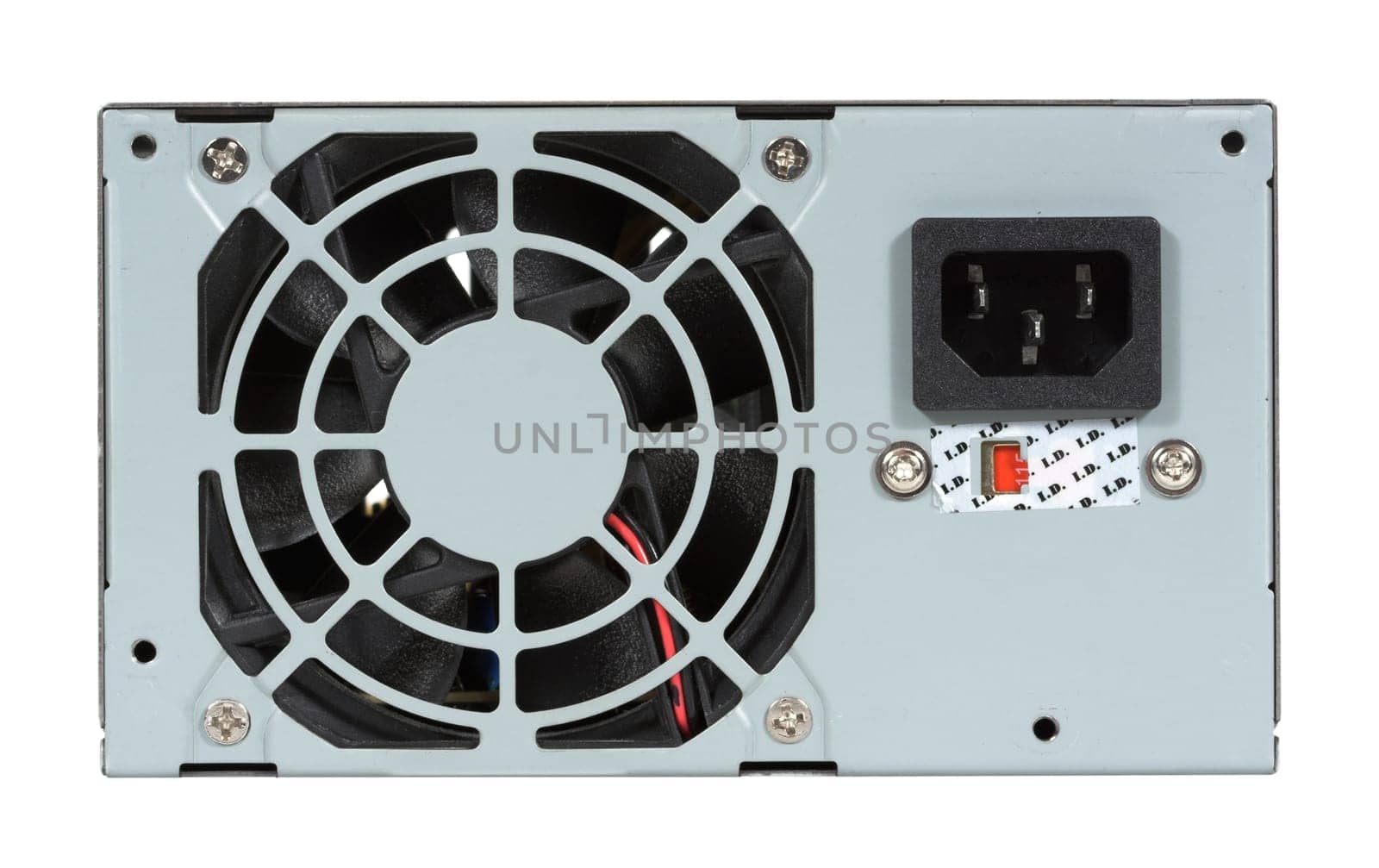 Computer power supply and fan isolated over a white background