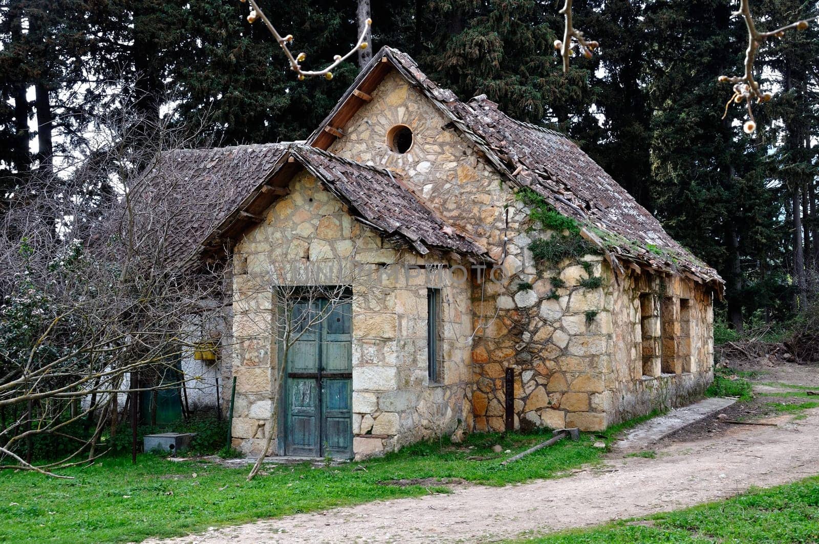 Derelict rural house with crumbling roof and dirt road in the woods.