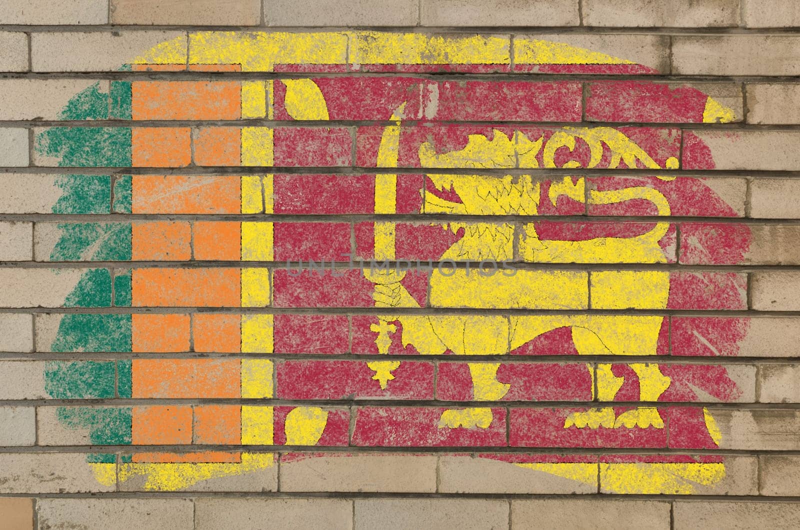 Chalky srilankan flag painted with color chalk on grunge old brick wall