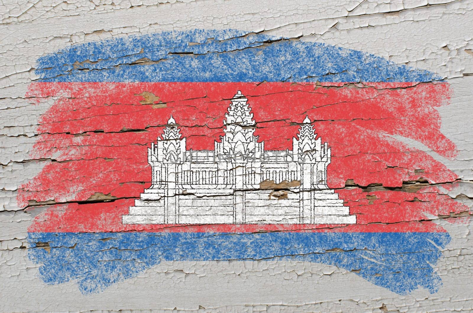 Chalky cambodian flag painted with color chalk on grunge wooden texture