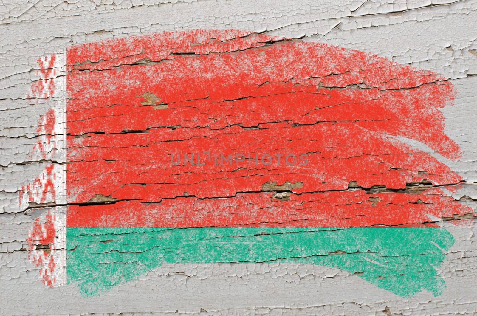 Chalky belarussian flag painted with color chalk on grunge wooden texture