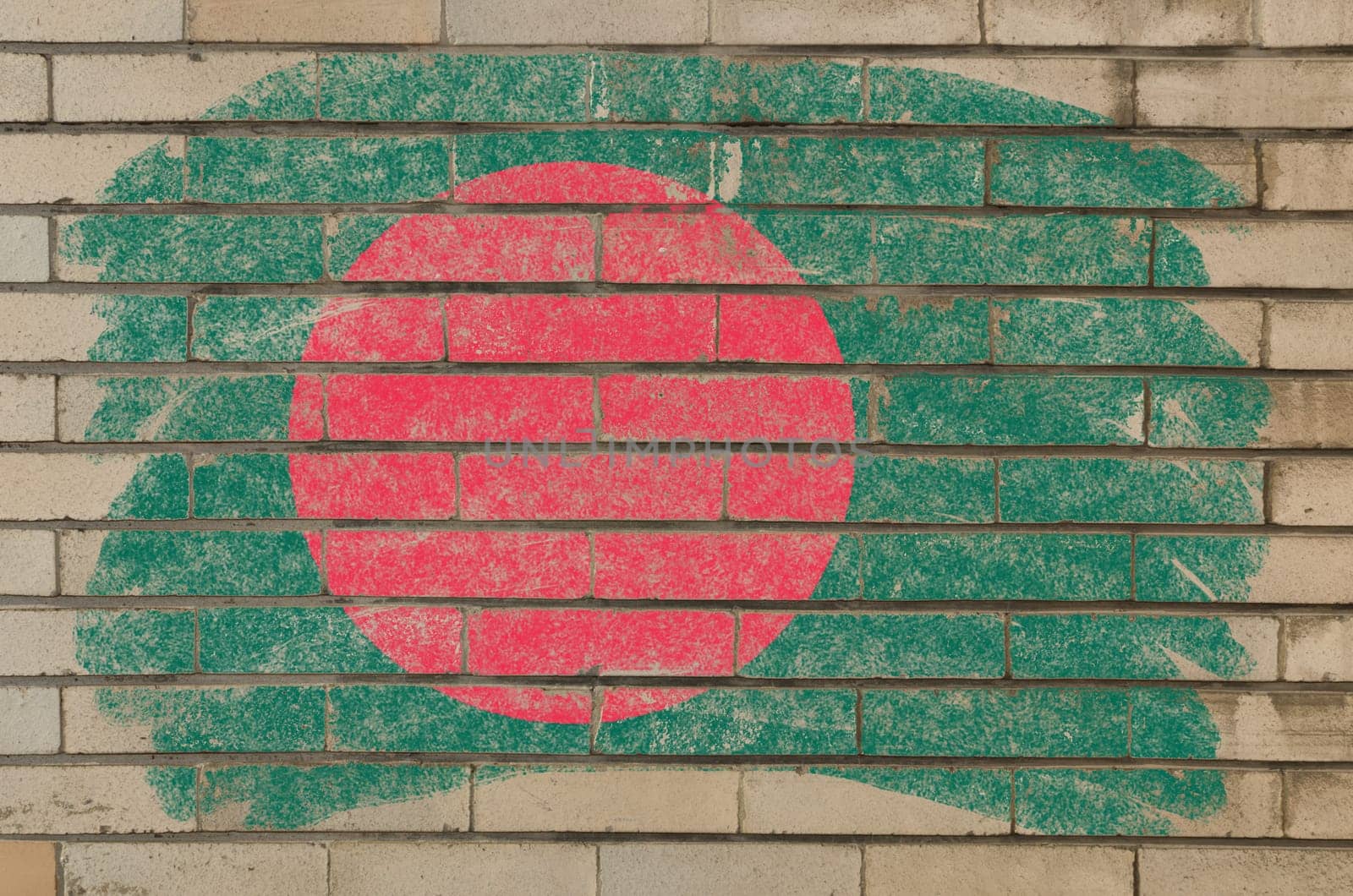 Chalky bangladesh flag painted with color chalk on grunge old brick wall