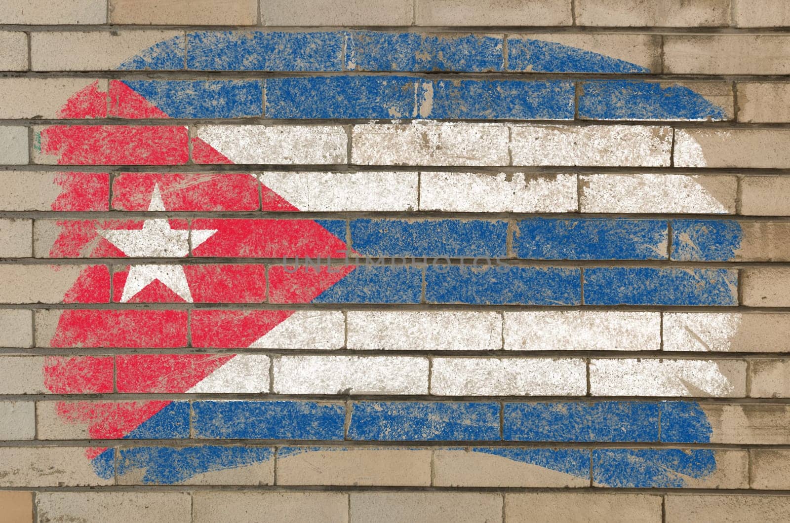Chalky cuban flag painted with color chalk on grunge old brick wall