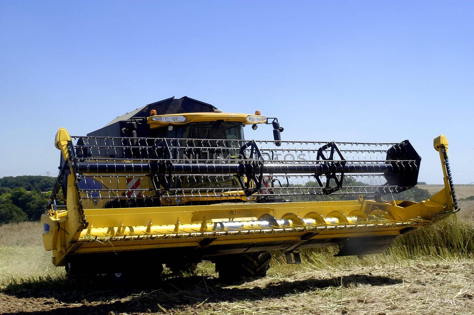 The harvest of colza with machines like a reaping-machine threshing-machine and tractor