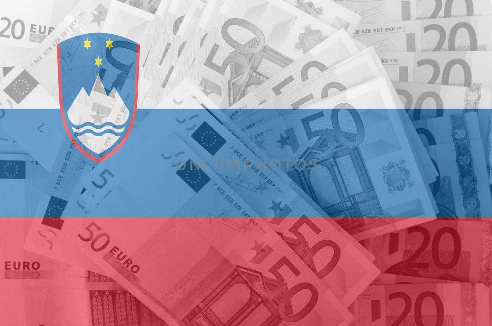 transparent Slovenian flag with euro banknotes